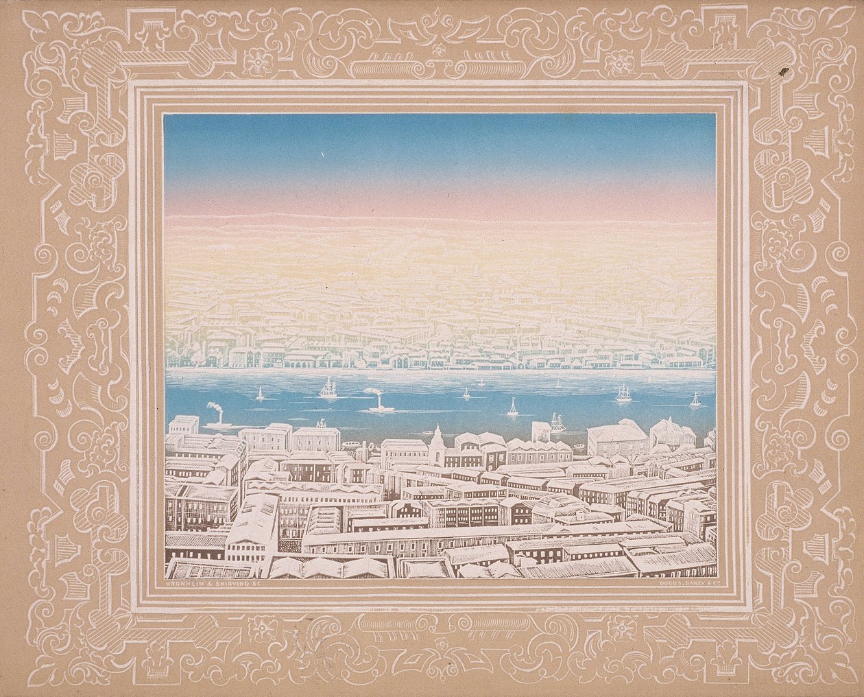 सजावटी सीमा के साथ लंदन का हवाई दृश्य, c1845 द्वारा क्रोनहेम और सह