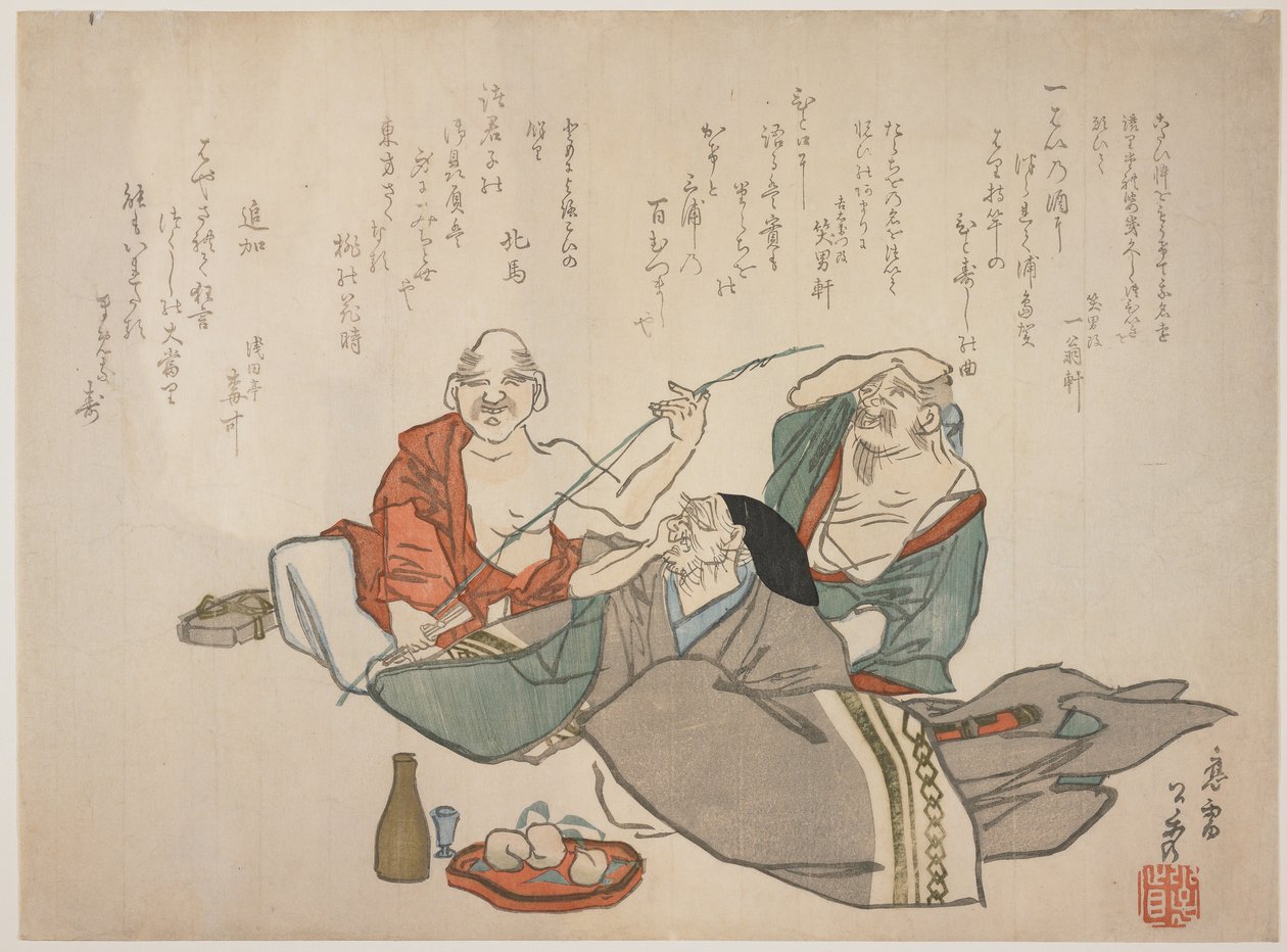 पीने वाले तीन बूढ़े, c.1844-53 (कलर वुडब्लॉक प्रिंट) द्वारा 