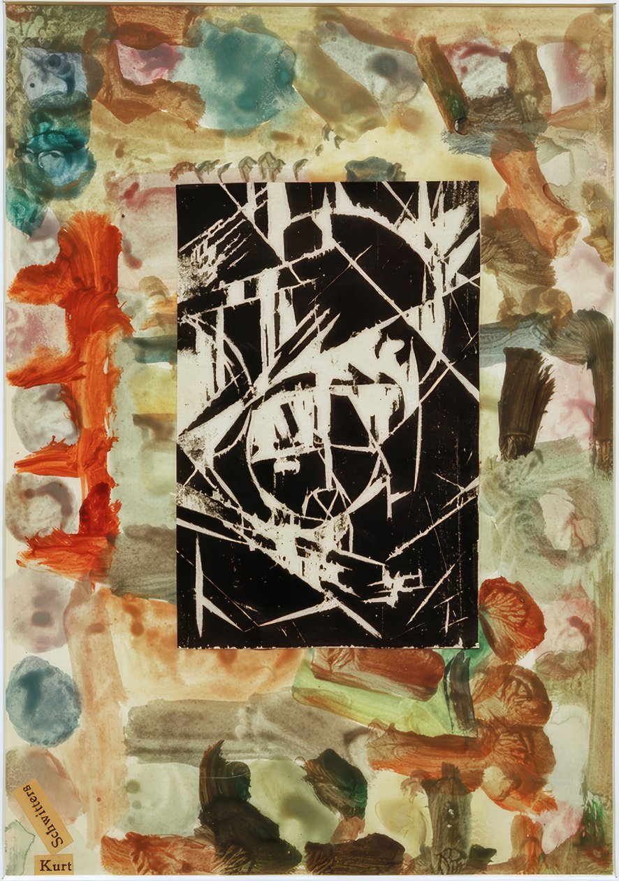 शीर्षकहीन (अमूर्त पेंटिंग पर वुडकट के साथ कोलाज) द्वारा कर्ट Schwitters