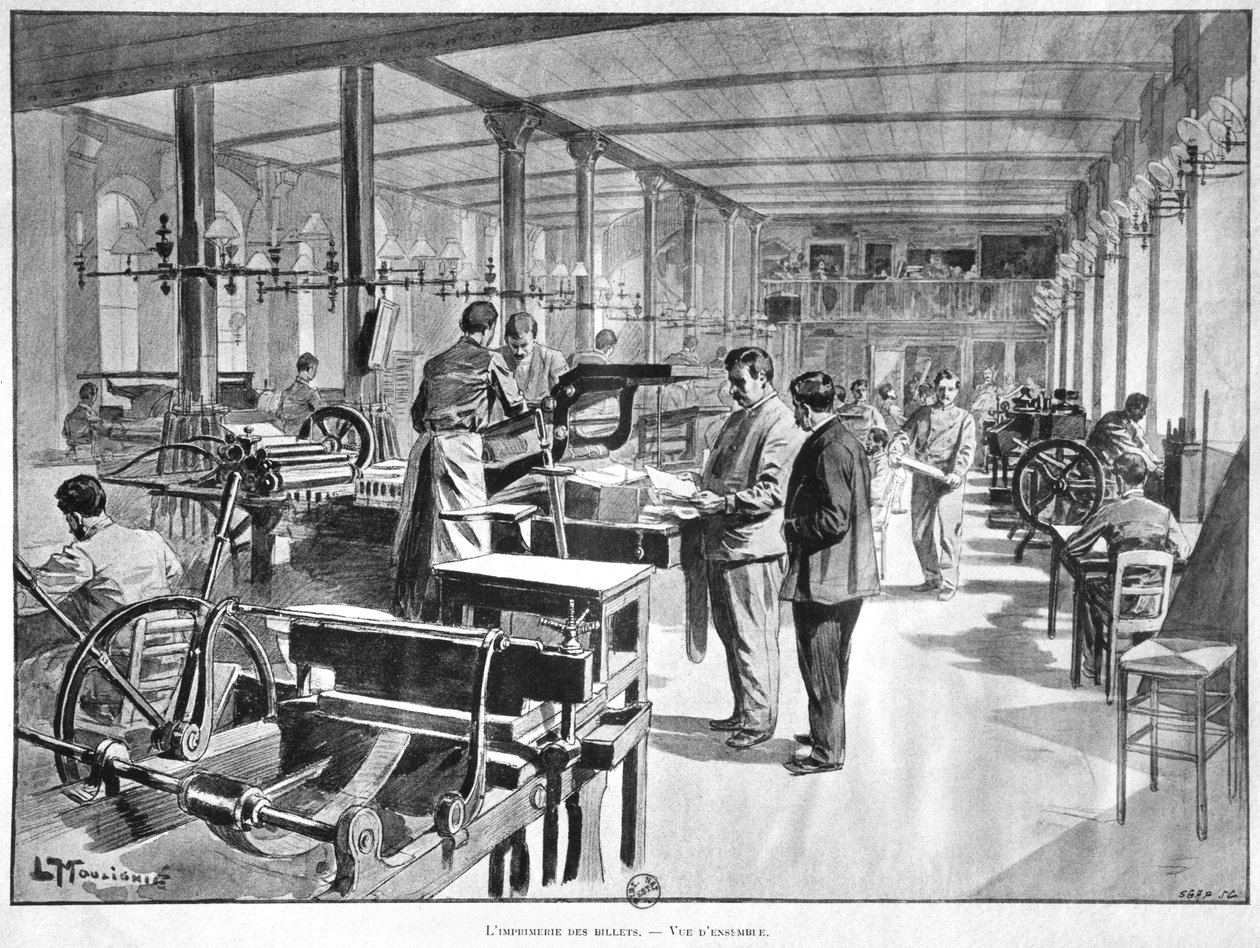 1897 के फ्रांस के पेरिस बैंक में नोटों की छपाई द्वारा एल. मौलिग्नि