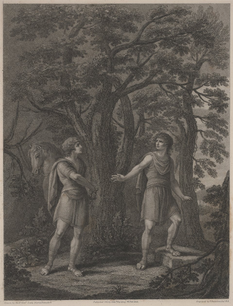 "पलामोन और आर्केइट" से चित्रण, फ्रांसेस्को बार्टोलोज़ी 1797 (स्टिपल क्रैस) द्वारा बनाया गया प्रिंट द्वारा लेडी डायना (बाद) बीउक्लेरक
