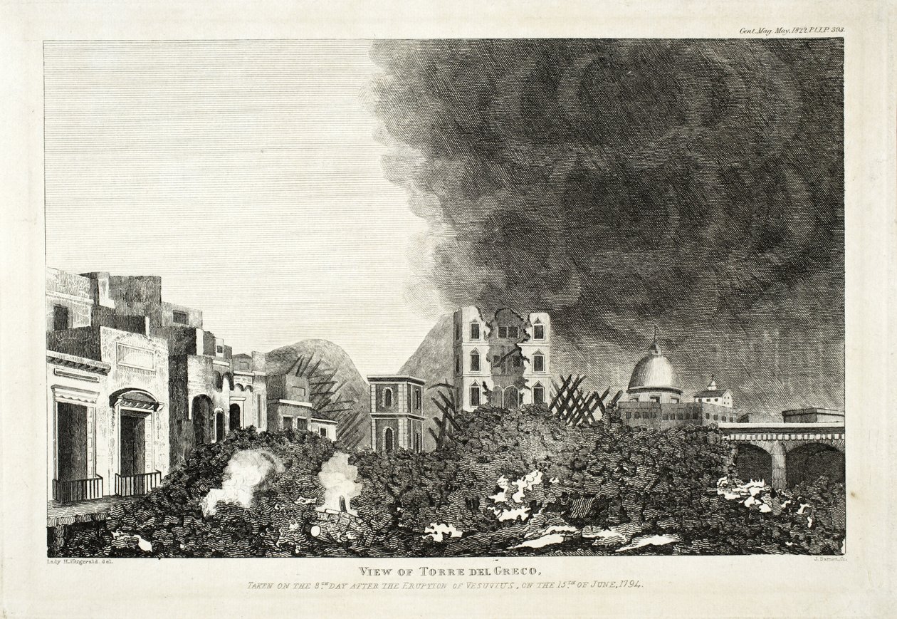 टोरो डेल ग्रीको का दृश्य: वेसुवियस के विस्फोट के बाद 8 वें दिन लिया गया, 15 जून 1794, 1822 (उत्कीर्णन और नक़्क़ाशी) द्वारा लेडी एच। फिजराल्ड़