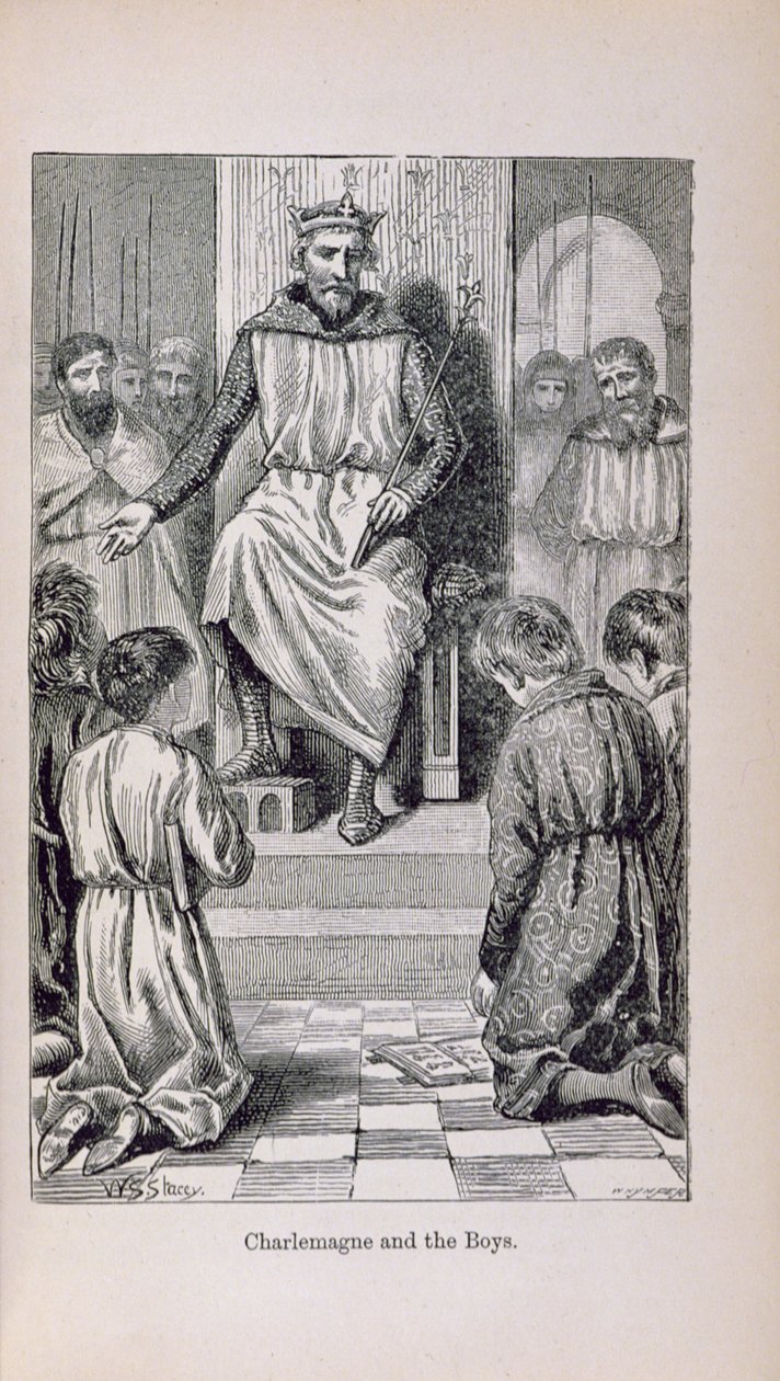 शारलेमेन (742-814) और लड़कों, &39;लिटिल आर्थर हिस्ट्री ऑफ फ्रांस: द अर्ली ऑफ द अर्ली ऑफ द फॉल ऑफ द सेकेंड एम्पायर&39; से 1899 में प्रकाशित चित्रण द्वारा लेडी एम। चालकोट