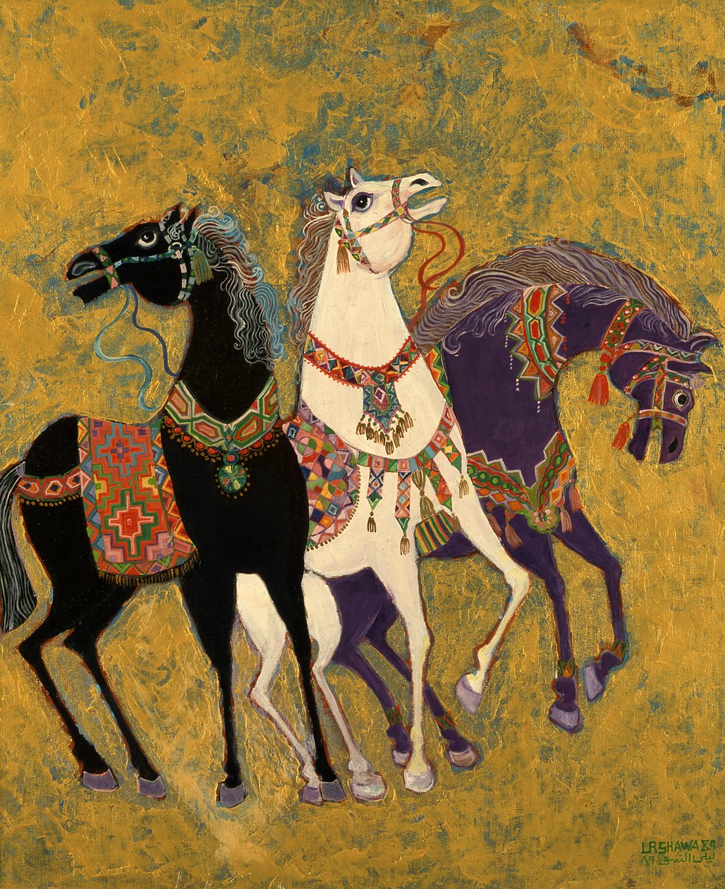3 घोड़े, 1975 (बोर्ड पर एक्रिलिक) द्वारा लैला शावा
