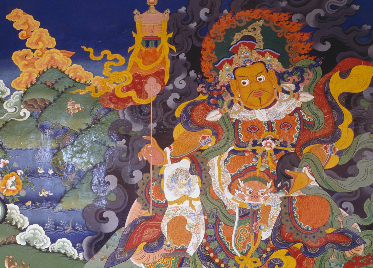 रंगीन देवताओं का चित्रण करते हुए फ्रेस्को, लामायुरु बौद्ध मठ (लामायुरु गोम्पा), हिमालय, लद्दाख जिला, जम्मू और कश्मीर राज्य, भारत द्वारा लैला (समकालीन कलाकार) शावा