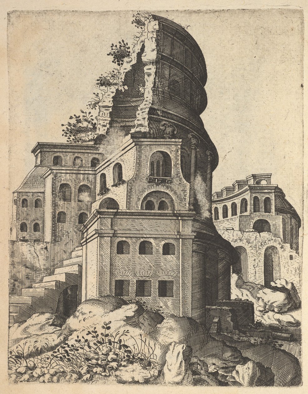 वीनस और रोमा के मंदिर के खंडहर के साथ वर्टिकल लैंडस्केप, 'रुइनार...' श्रृंखला से, 1554। द्वारा लैम्बर्ट सुवियस