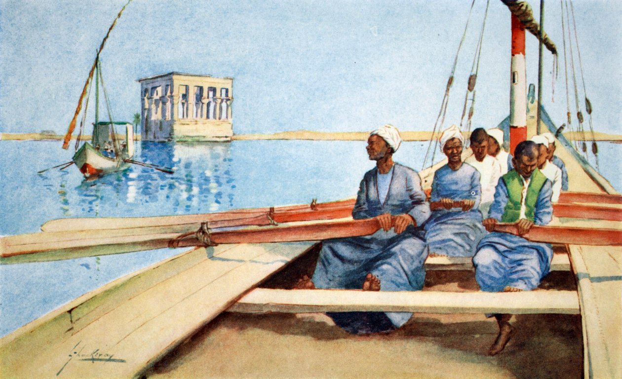 1908 में &39;द लाइट साइड ऑफ इजिप्ट&39; से, एक फेलुका में फिलै को द्वारा लांस ठाकरे