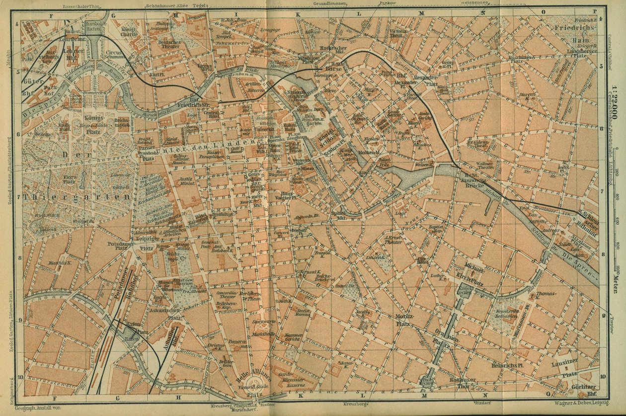 बर्लिन केंद्र का नक्शा, एक यात्रा गाइड बैडेकर के पूर्वोत्तर जर्मनी से, 1892 द्वारा लीपज़िग वैगनर और डेबेस