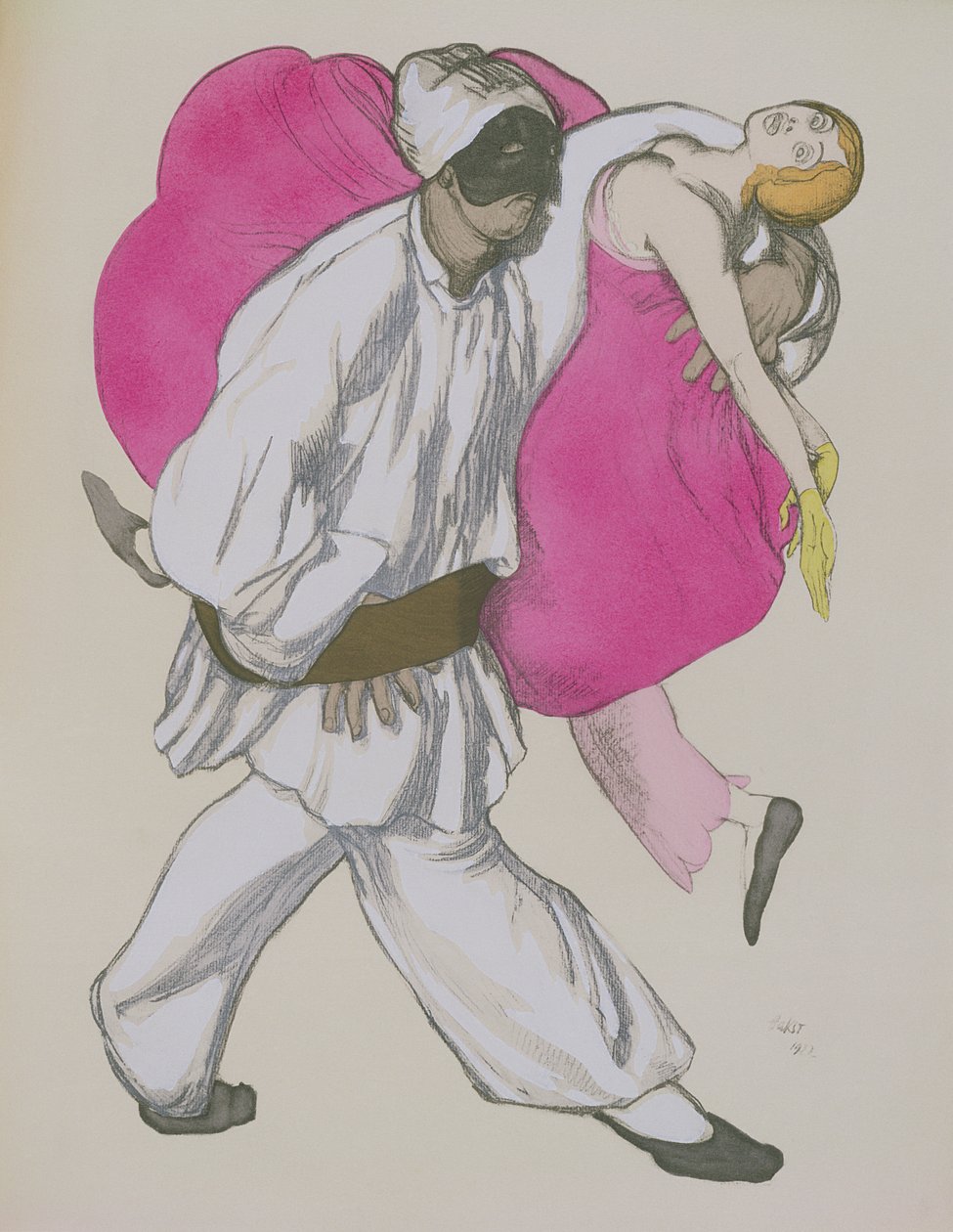 वुल्फगैंग अमाडेस मोजार्ट (1756-91) 1922 द्वारा &39;द मैजिक फ्लूट&39; में पमिना और मोनोस्टैटोस के लिए कॉस्ट्यूम डिज़ाइन द्वारा लियोन बक्स्तो