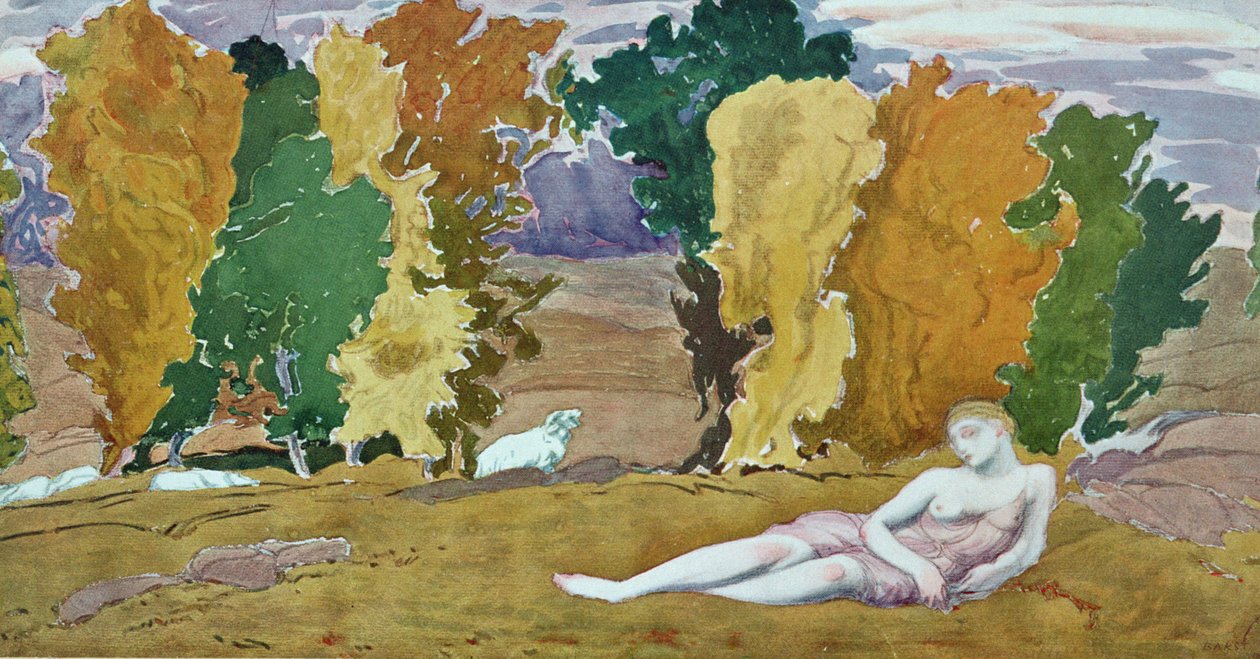 डैफनीज़ और क्लो से एक सजावटी पैनल के लिए डिज़ाइन, c.1912 द्वारा लियोन बक्स्तो