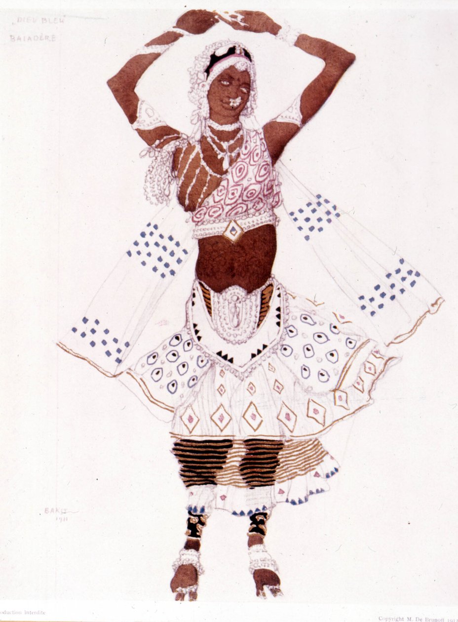 रेनाल्डो हैन (1875 - 1947) द्वारा "द ब्लू गॉड" के लिए लियोन बैकस्ट द्वारा बनाई गई बेअड्रे पोशाक द्वारा लियोन बक्स्तो