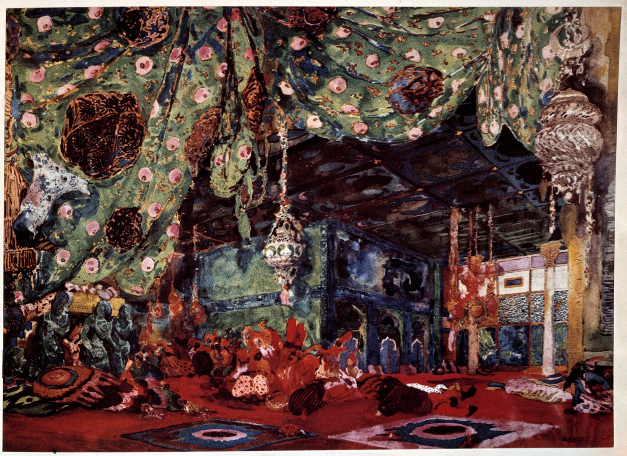 निकोलस (निकोलाई) रिमस्की कोर्साकोव (रिम्स्की-कोर्साकोव) (1844-1908) द्वारा ओपेरा "" शेहेराज़ादे"" (शेहरज़ादे) के लिए रूसी चित्रकार और डेकोरेटर लियोन बैकस्ट (1866-1924) द्वारा दृश्यता। द्वारा लियोन बक्स्तो