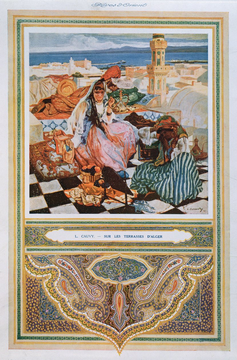 अल्जीयर्स में एक छत पर एक महिला शीशा (पानी का पाइप) पीते हुए, c.1900 9colour लिथो द्वारा लियोन कॉवी