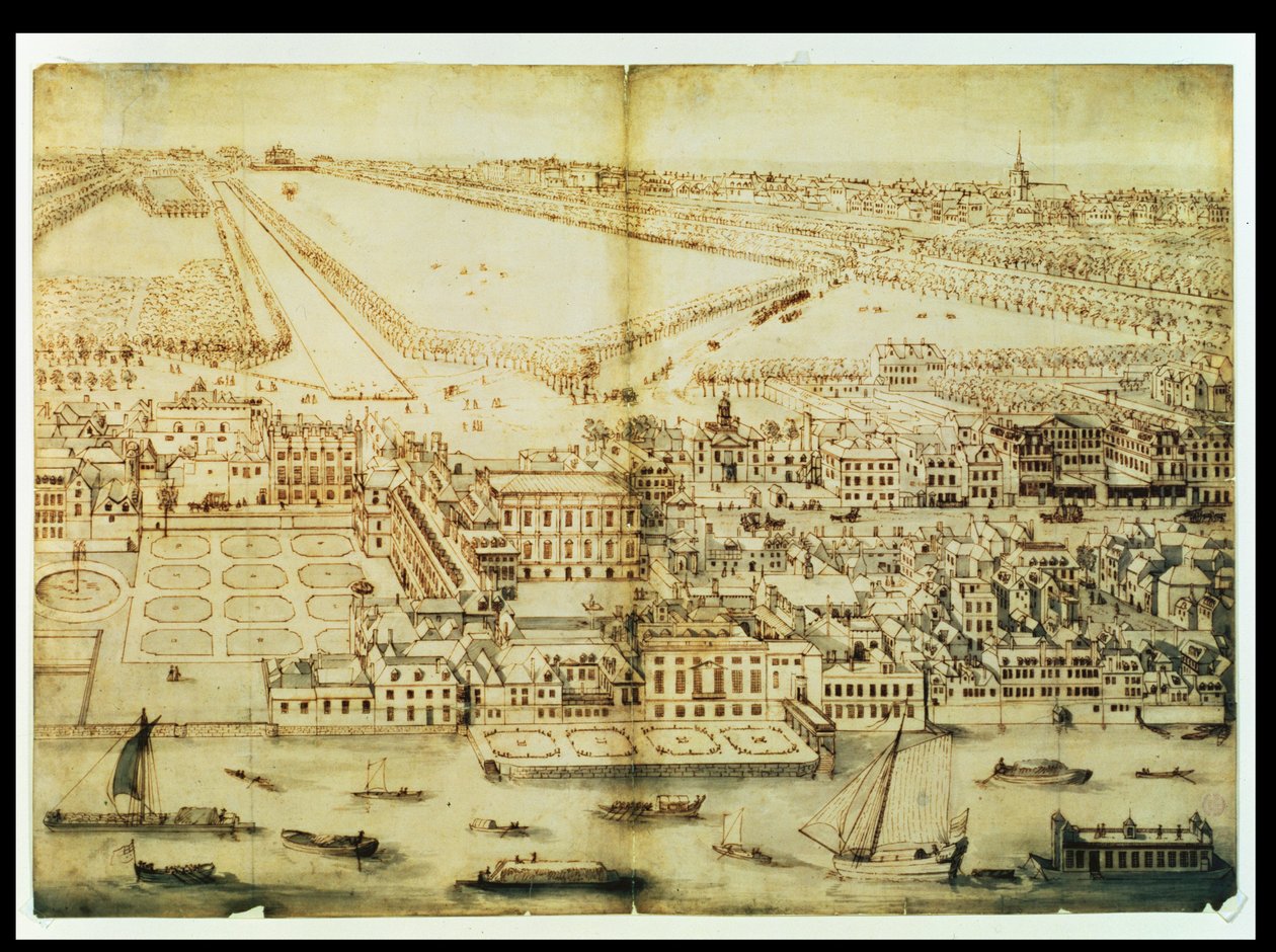 व्हाइटहॉल पैलेस का एक बर्ड आई व्यू, c.1695 (कागज पर स्याही से धोना) द्वारा लियोनार्ड Knyff