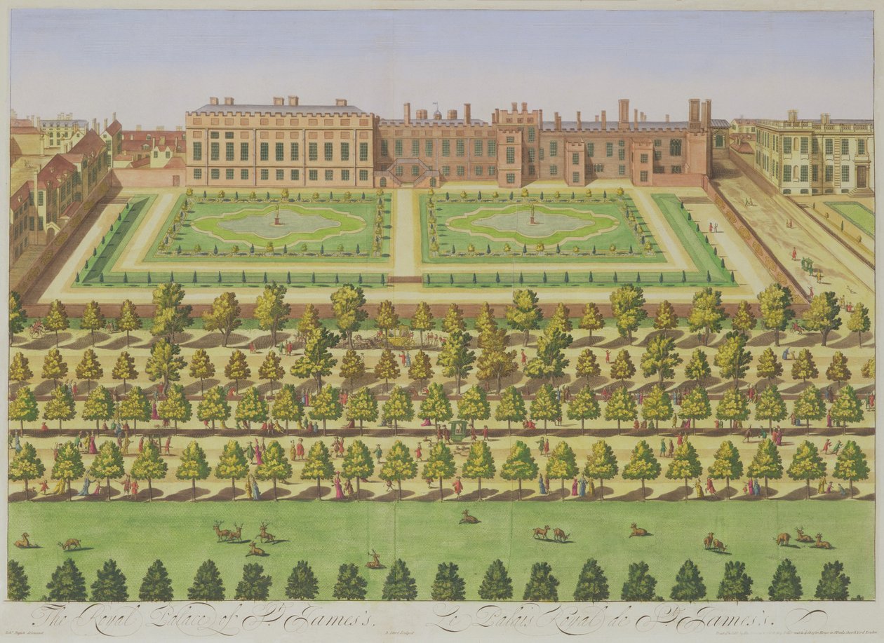 सेंट जेम्स के रॉयल पैलेस, &39;सर्वे ऑफ लंदन&39; से जोहानस किप (c.1652-1722), 1730 (रंग उत्कीर्णन) द्वारा लियोनार्ड Knyff