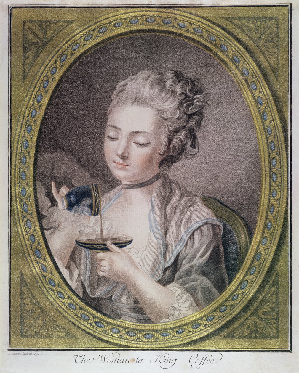 द वूमेन टेकिंग कॉफ़ी, c.1774 (क्रेयॉन एनग्रेविंग, कलर्ड और गोल्ड के साथ उंचा द्वारा लियोनार्डो मारिनी