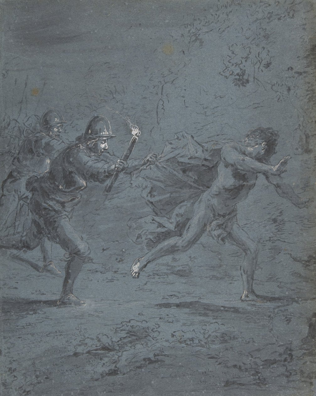 एक भगोड़े मार्क XIV, 5-52, 1611-74 का पीछा करते हुए सैनिकों के साथ रात का दृश्य। द्वारा लियोनार्ड ब्रामर