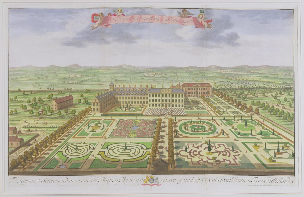 जोन्नेस किप (c.1652-1722), 1730 (रंग उत्कीर्णन) द्वारा उत्कीर्ण &39;लंदन के सर्वेक्षण&39; से केंसिंग्टन में महामहिम रॉयल पैलेस द्वारा लियोनार्ड Knyff