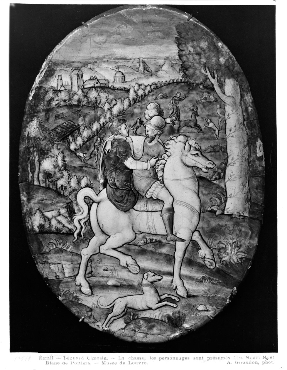 शिकार, चित्र हेनरी II (1519-59) और डायने डे पोइटियर्स (1499-1566) (तामचीनी) होने का अनुमान द्वारा लियोनार्ड लिमोसिन