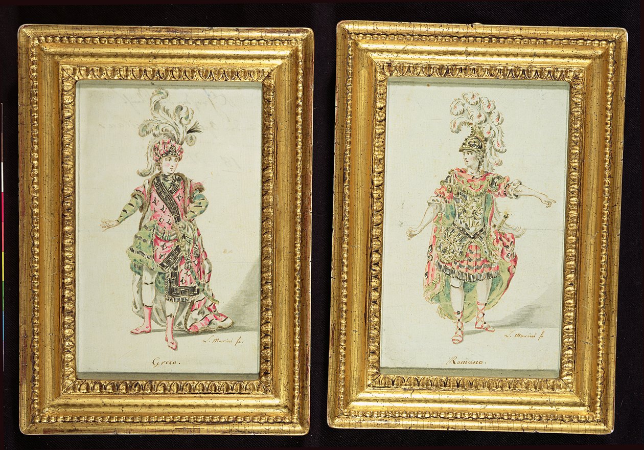 एक ग्रीक और एक रोमन ओपेरा पोशाक के लिए डिजाइन, c.1770 (कागज पर wc के साथ कलम und स्याही) द्वारा लियोनार्डो मारिनी