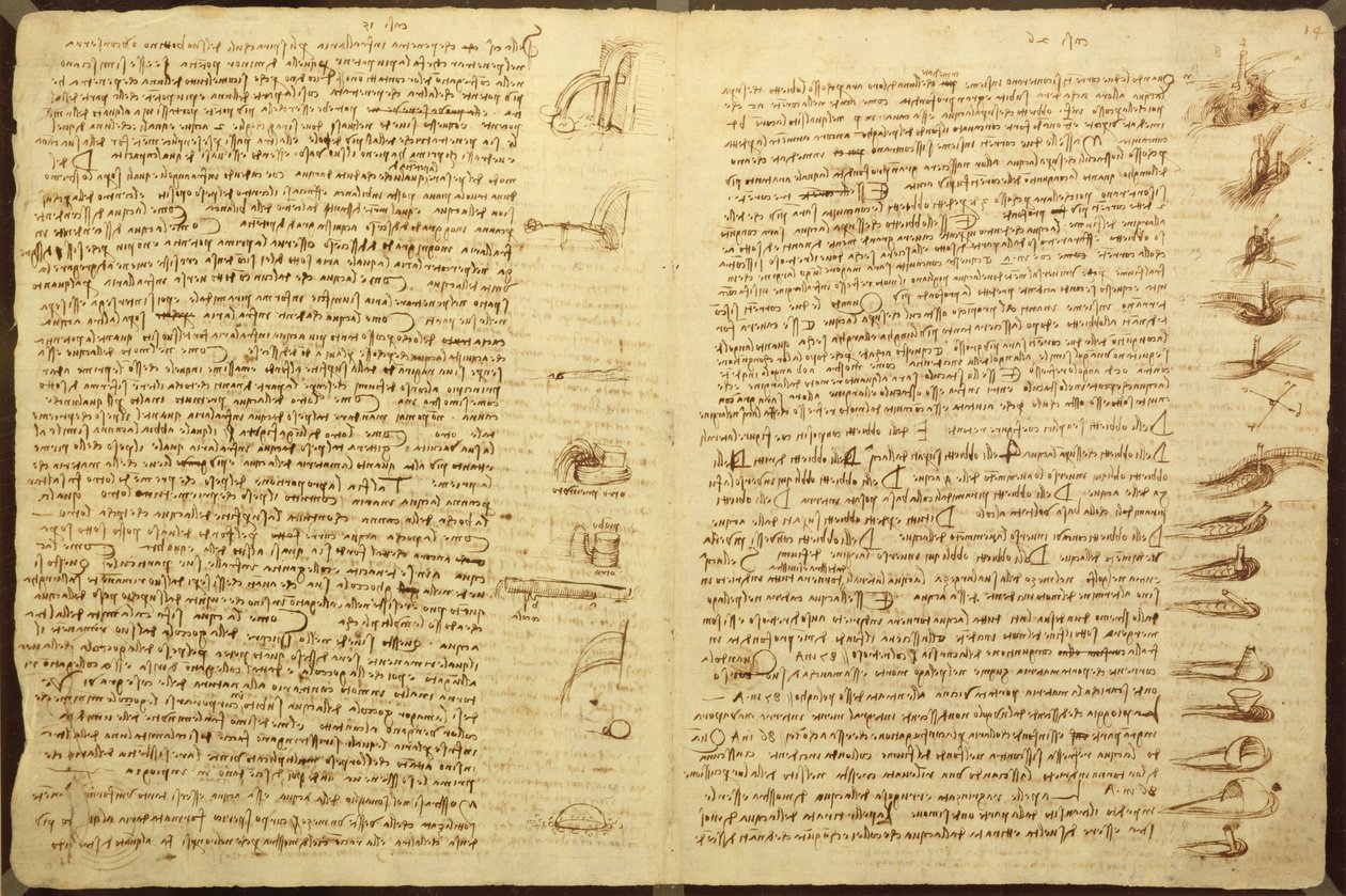कोडेक्स लीसेस्टर का एक पृष्ठ, 1508-12 (लिनन पेपर पर सीपिया स्याही) द्वारा लियोनार्डो दा विंची
