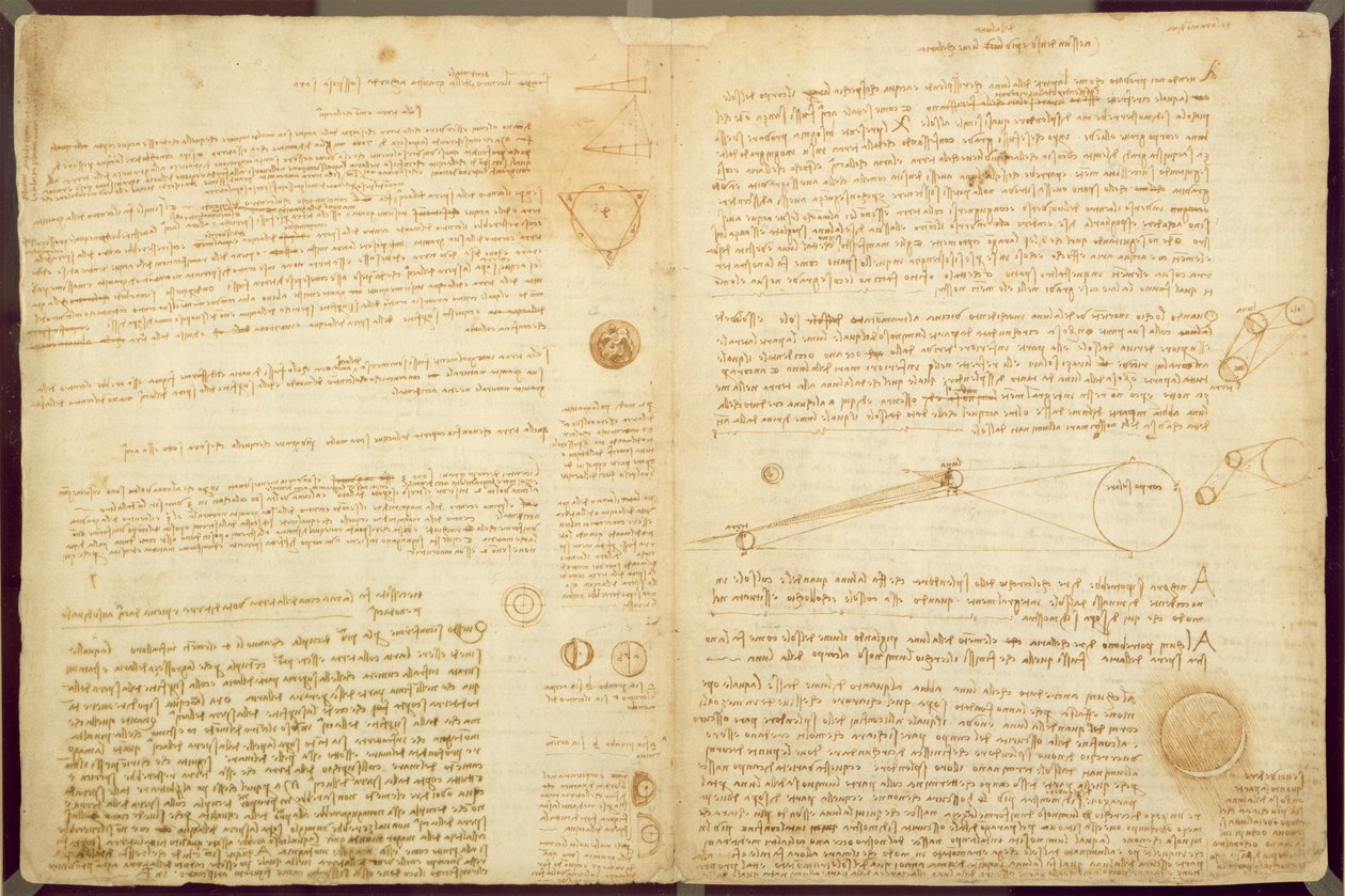 कोडेक्स लीसेस्टर का एक पृष्ठ, 1508-12 (लिनन पेपर पर सीपिया स्याही) द्वारा लियोनार्डो दा विंची