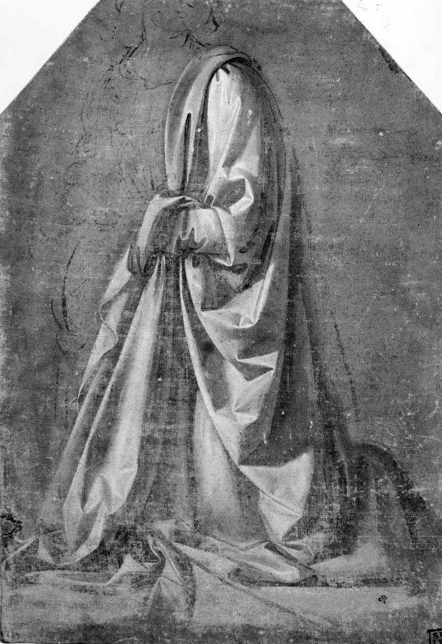 बाएं, c.1475 (कैनवास में श्वेत ऊँचाई के साथ तापमान) में तीन-चौथाई प्रोफ़ाइल में देखे गए घुटने के आंकड़े के लिए ड्रॉपी अध्ययन द्वारा लियोनार्डो दा विंची