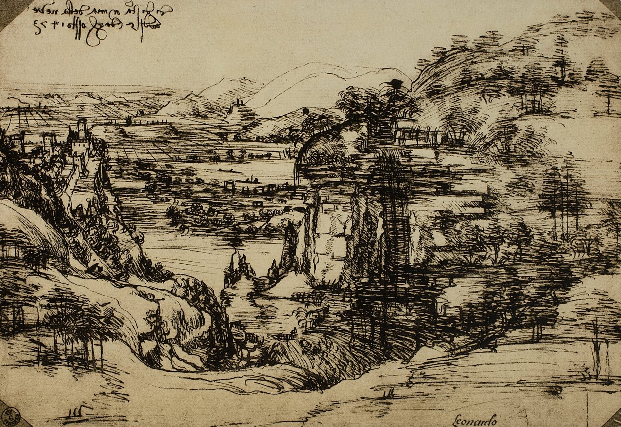 Arno घाटी की भूमि, कागज पर कलम, लियोनार्डो दा विंची (1452-1519), कैबिनेट ऑफ़ ड्रॉइंग्स एंड प्रिंट्स, उफीज़ी गैलरी, फ्लोरेंस द्वारा लियोनार्डो दा विंची