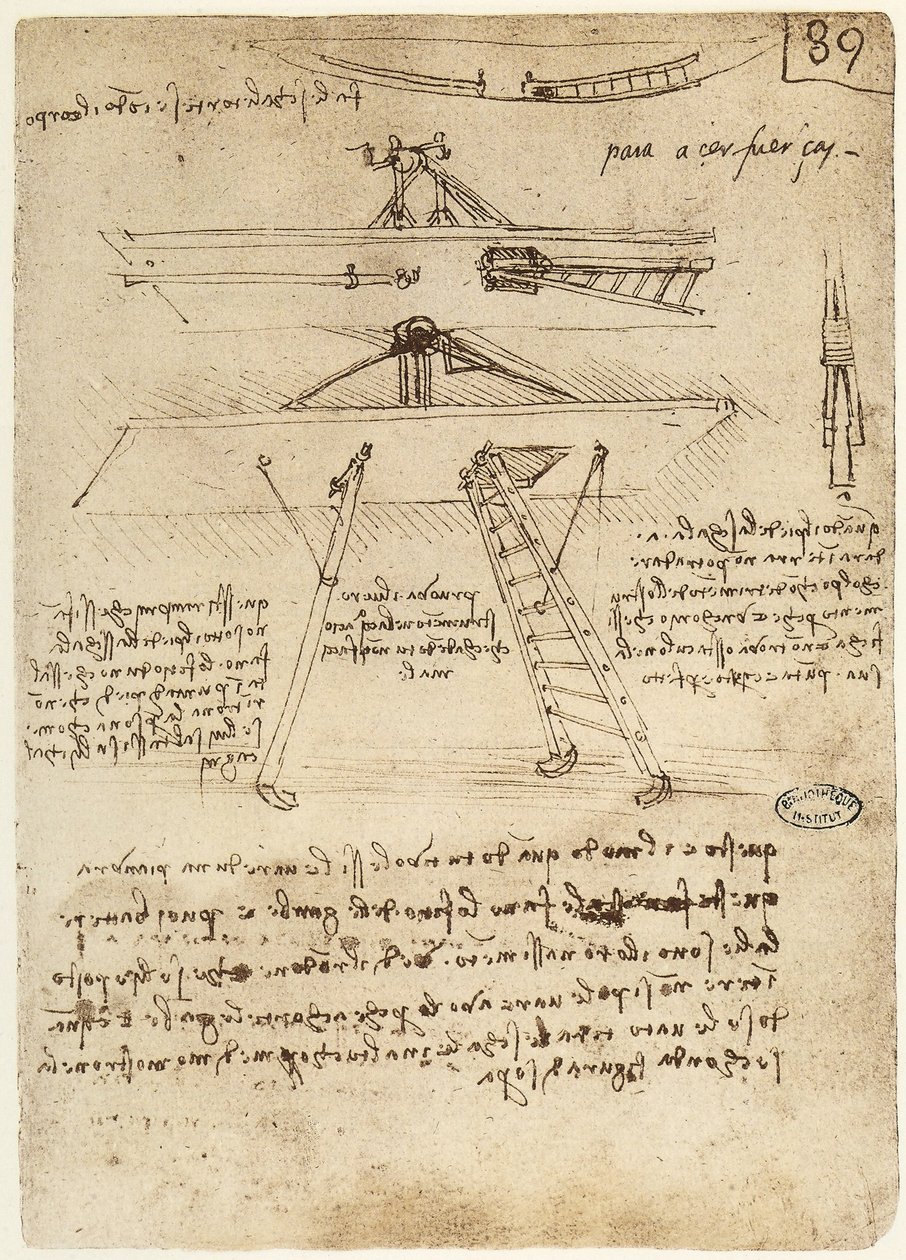 एक उड़ान मशीन, 1487-90 के लिए सुश्री बी fol.89r टेक-ऑफ़ और लैंडिंग गियर द्वारा लियोनार्डो दा विंची
