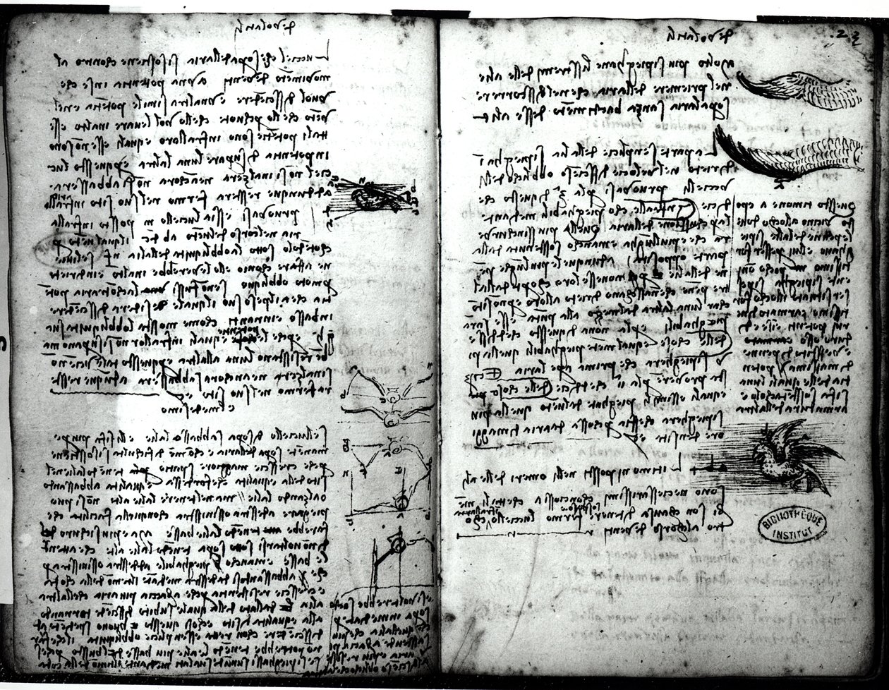 पेरिस पांडुलिपि ई, फोल। 22v और 23r: पक्षियों की उड़ान का स्केच, 1513-14 द्वारा लियोनार्डो दा विंची