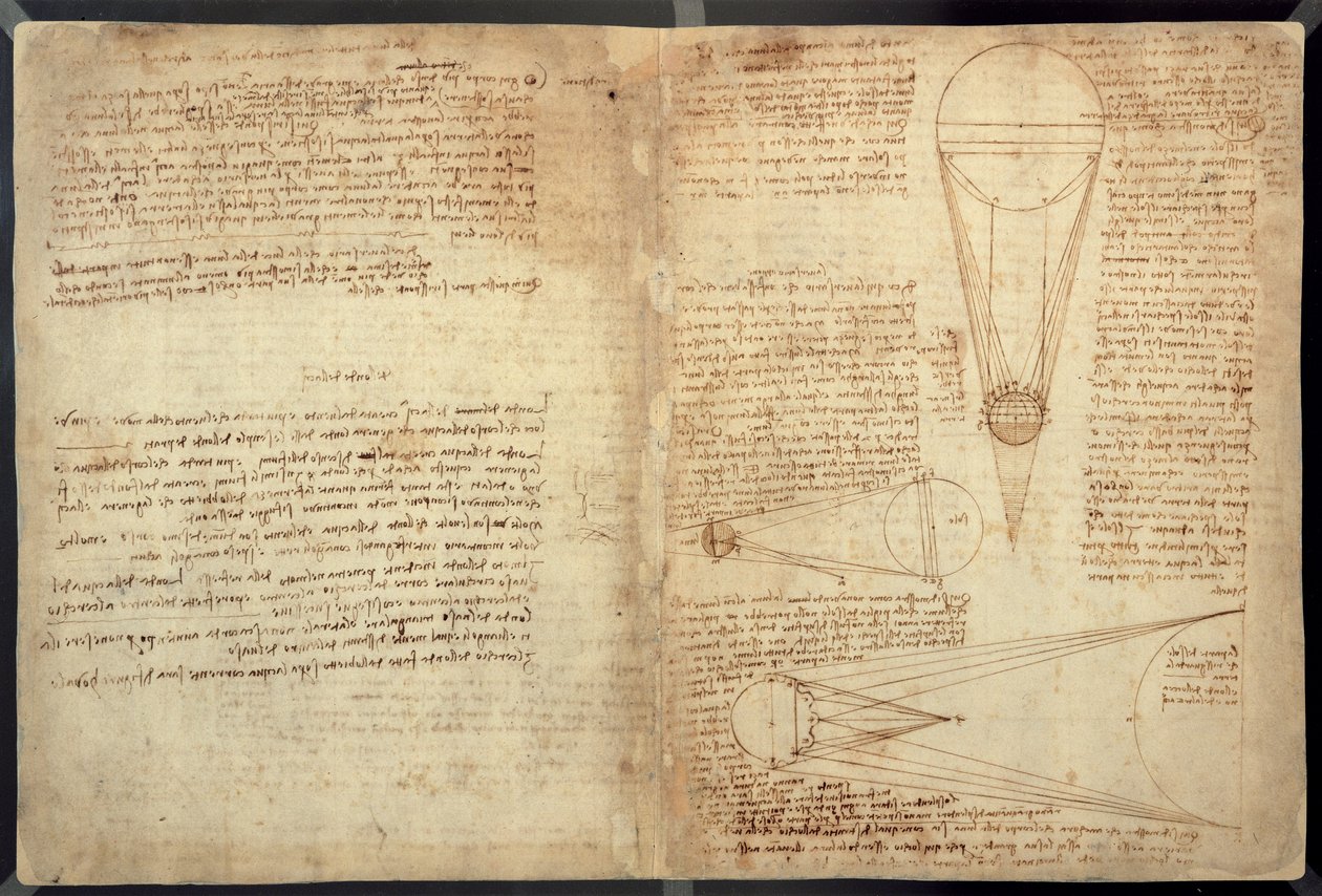 चंद्रमा की रोशनी का अध्ययन, कोडेक्स लीसेस्टर का एक पृष्ठ, 1508-12 (सेलेनिन पर सीपिया स्याही) द्वारा लियोनार्डो दा विंची