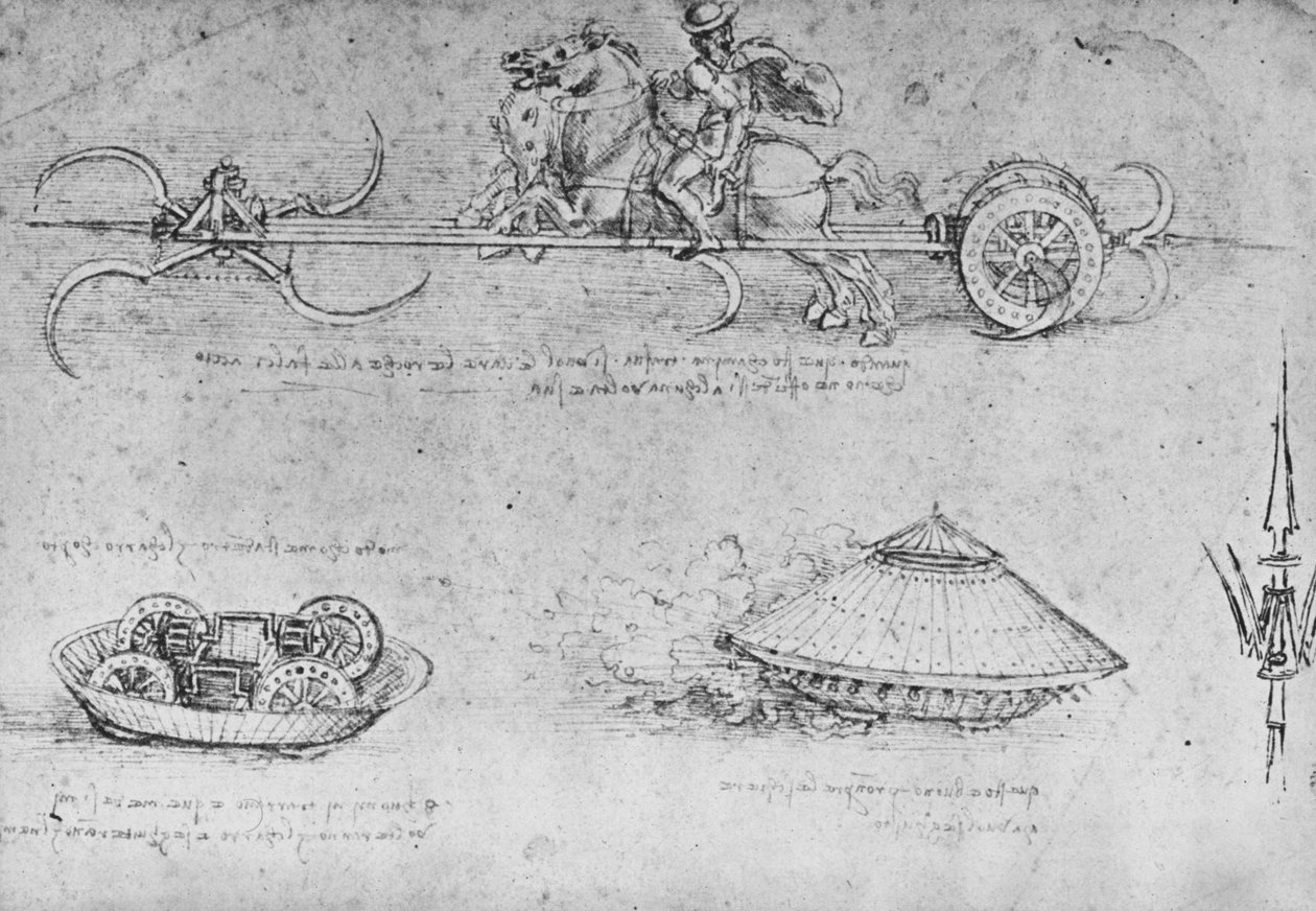 एक रथ, शथ के साथ सशस्त्र, टैंक के दो चित्र और एक पक्षपातपूर्ण, c1480 1945 द्वारा लियोनार्डो दा विंची