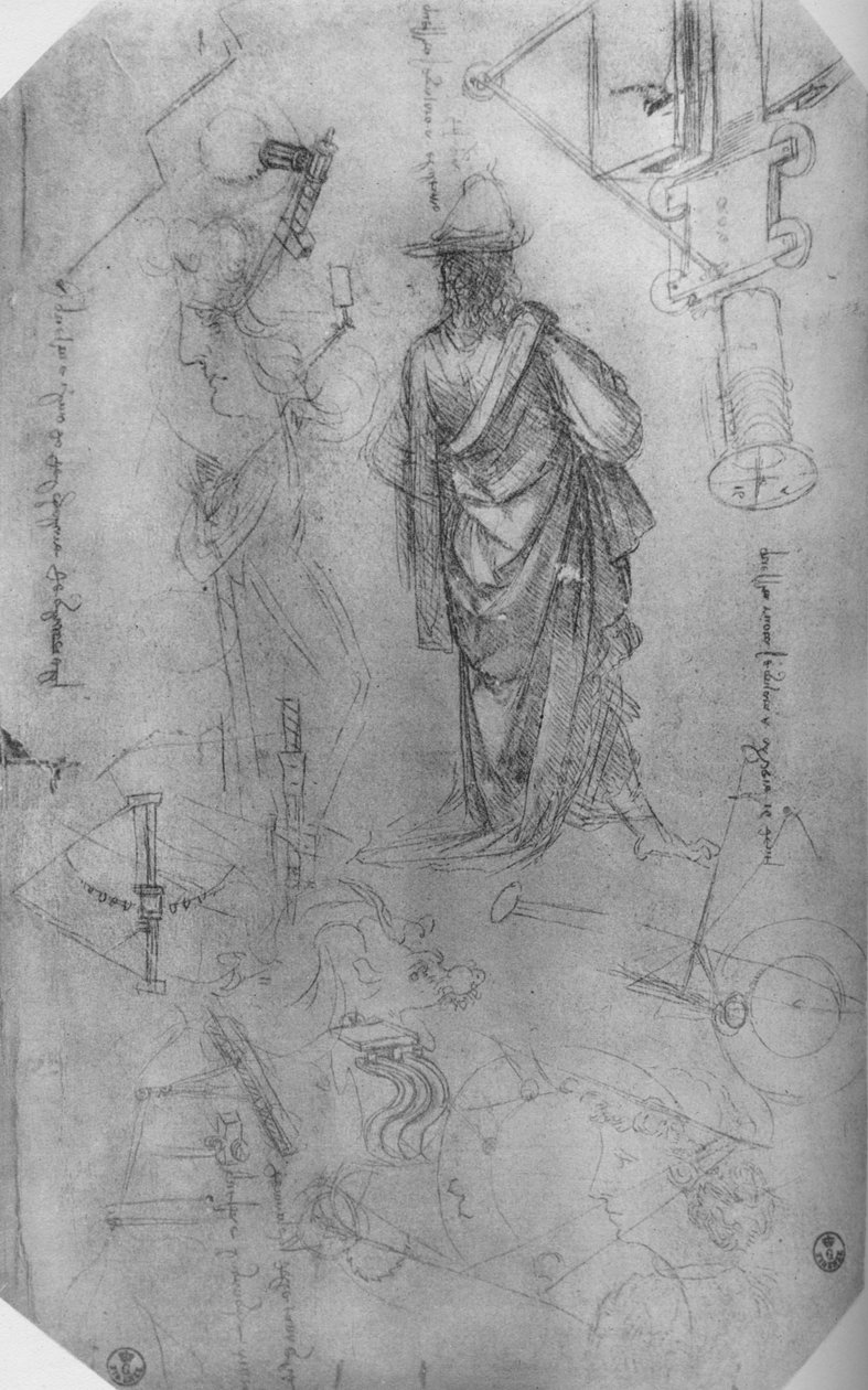 ए ड्रैप्ड फिगर, स्टडी ऑफ मशीनरी आदि, c1480 1945 द्वारा लियोनार्डो दा विंची