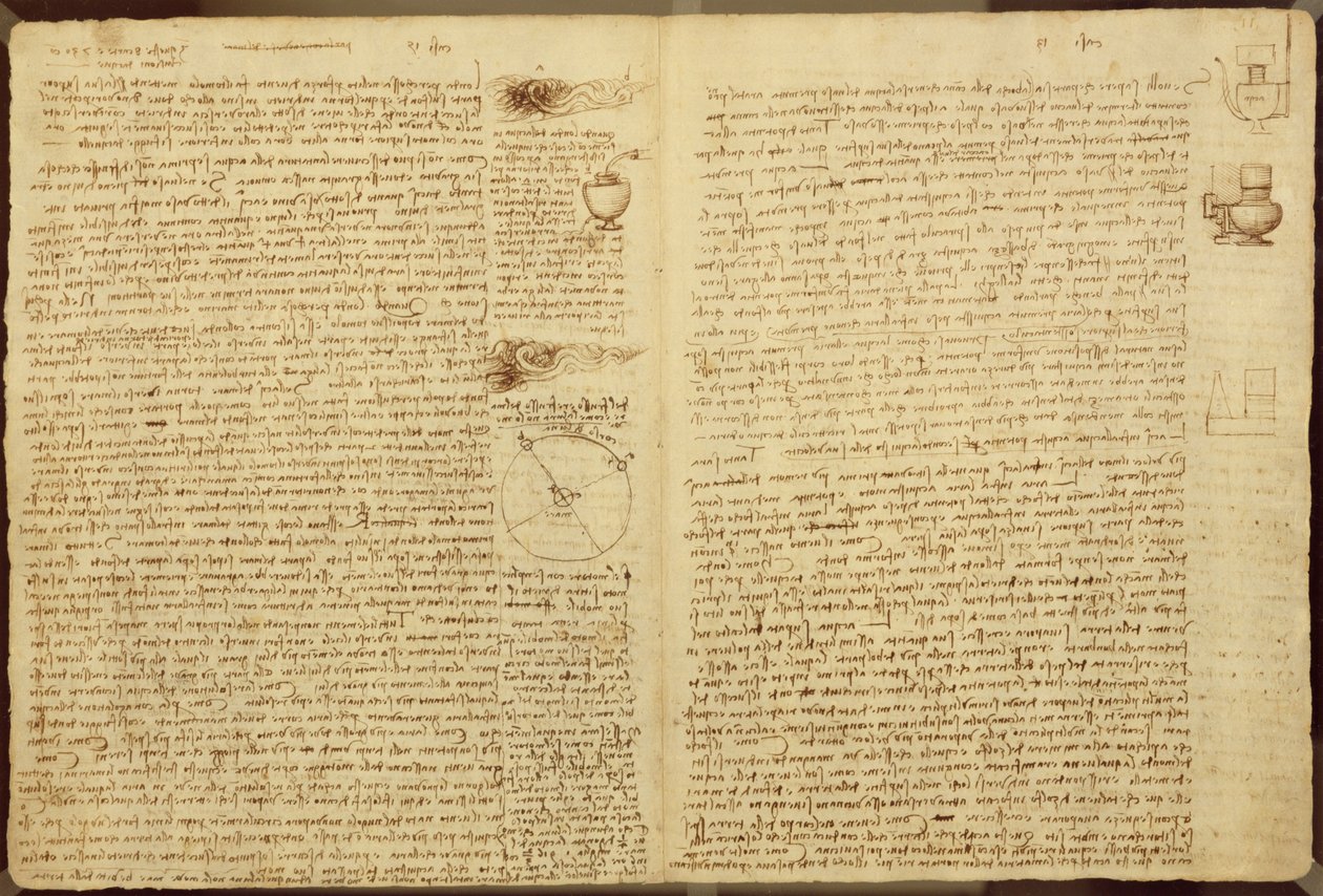 कोडेक्स लीसेस्टर का एक पृष्ठ, 1508-12 (लिनन पेपर पर सीपिया स्याही) द्वारा लियोनार्डो दा विंची
