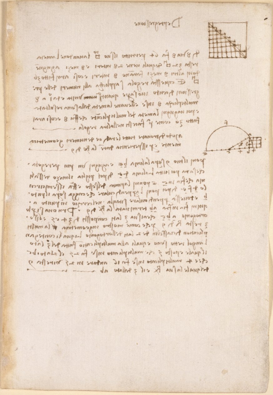 अरुंडेल 263, पृष्ठ 27, ज्यामिति पर नोट्स और आरेख, जिसका शीर्षक #39;डी प्रोग्रेसियोन#39; है, #39;कोडेक्स अरुंडेल#39; से (कागज़ पर कलम और स्याही) द्वारा लियोनार्डो दा विंची