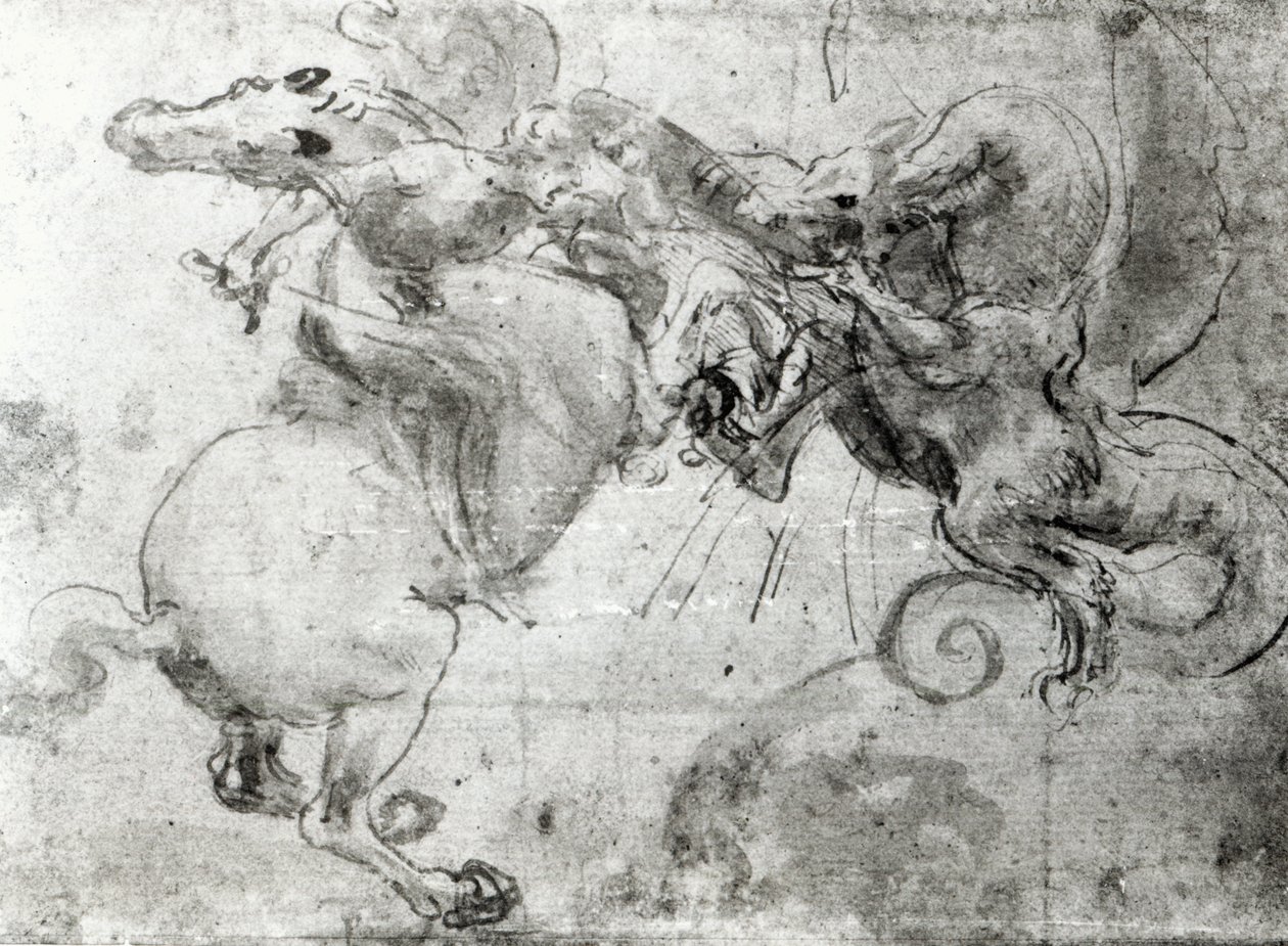 राइडर और ड्रैगन के बीच लड़ाई, c.1482 (कागज पर लेखनी और कलम हटाने की शैली) द्वारा लियोनार्डो दा विंची