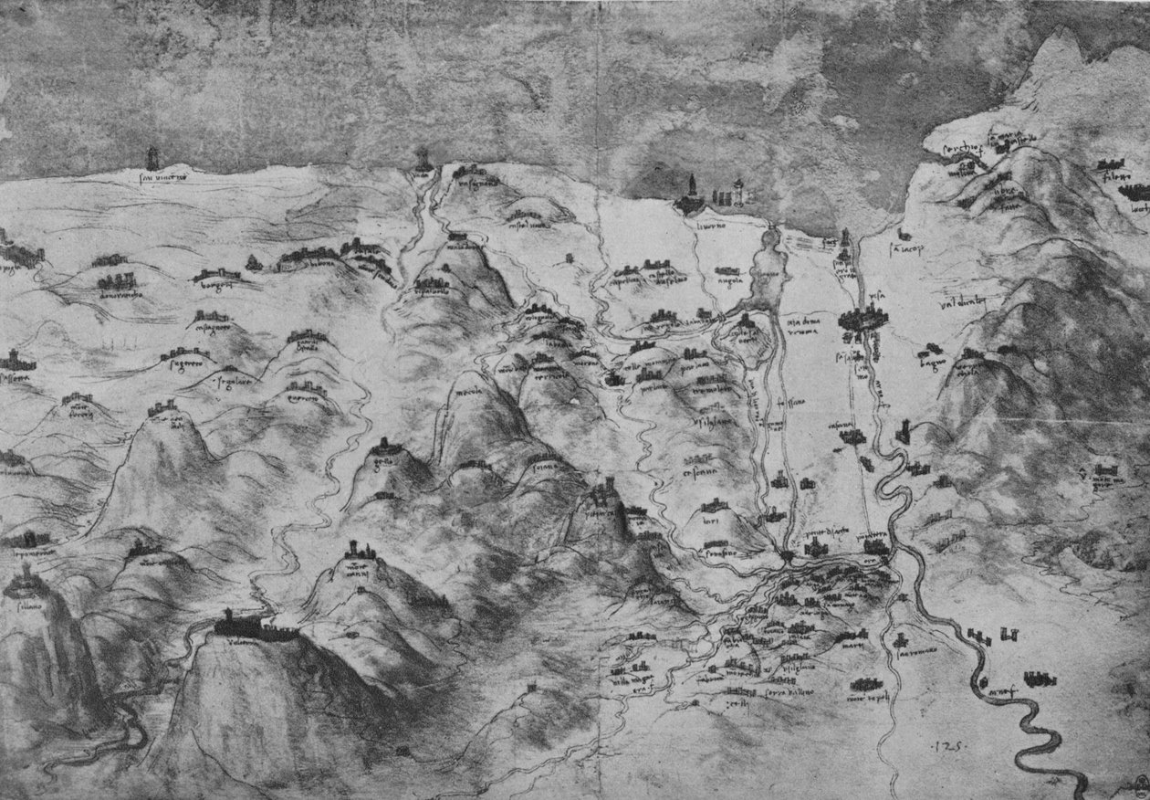 टस्कनी के भाग का पक्षी-नेत्र दृश्य, c1480 1945 द्वारा लियोनार्डो दा विंची