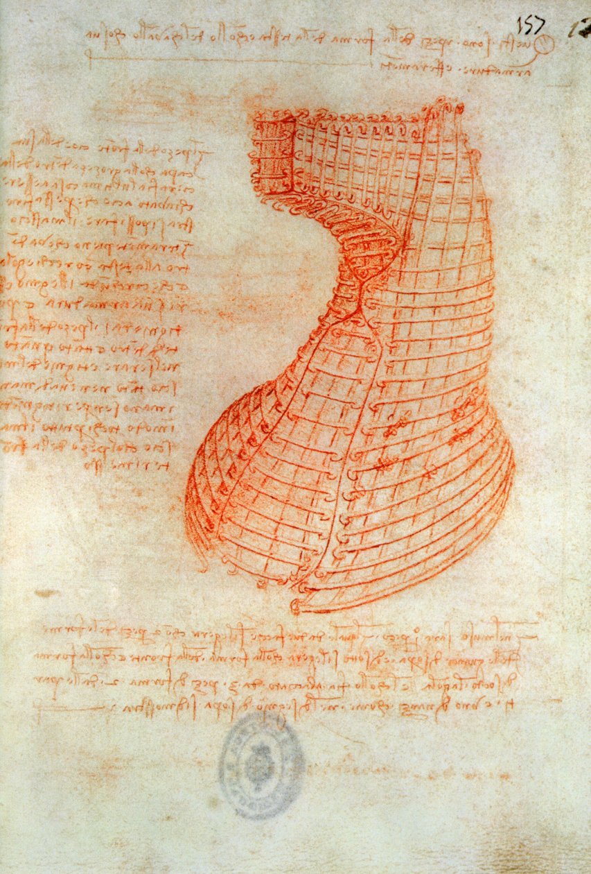 Sforza हॉर्स, फोल्स के प्रमुख के लिए आयरनवर्क कास्टिंग मोल्ड का आरेखण। 57 (रेक्टो), कोडेक्स मैड्रिड I से, c.1491-93 (कागज पर पेन und ब्राउन स्याही) द्वारा लियोनार्डो दा विंची