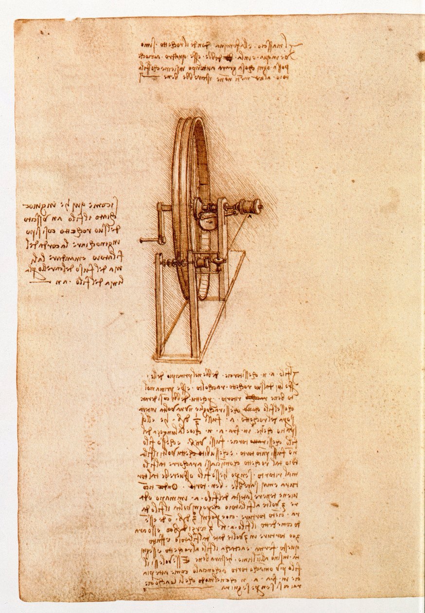 सुश्री 8937 फोल। 65v एक चरखा के लिए अध्ययन, 'कोडेक्स मैड्रिड I', c.1493-97 (कागज पर कलम और स्याही) द्वारा लियोनार्डो दा विंची