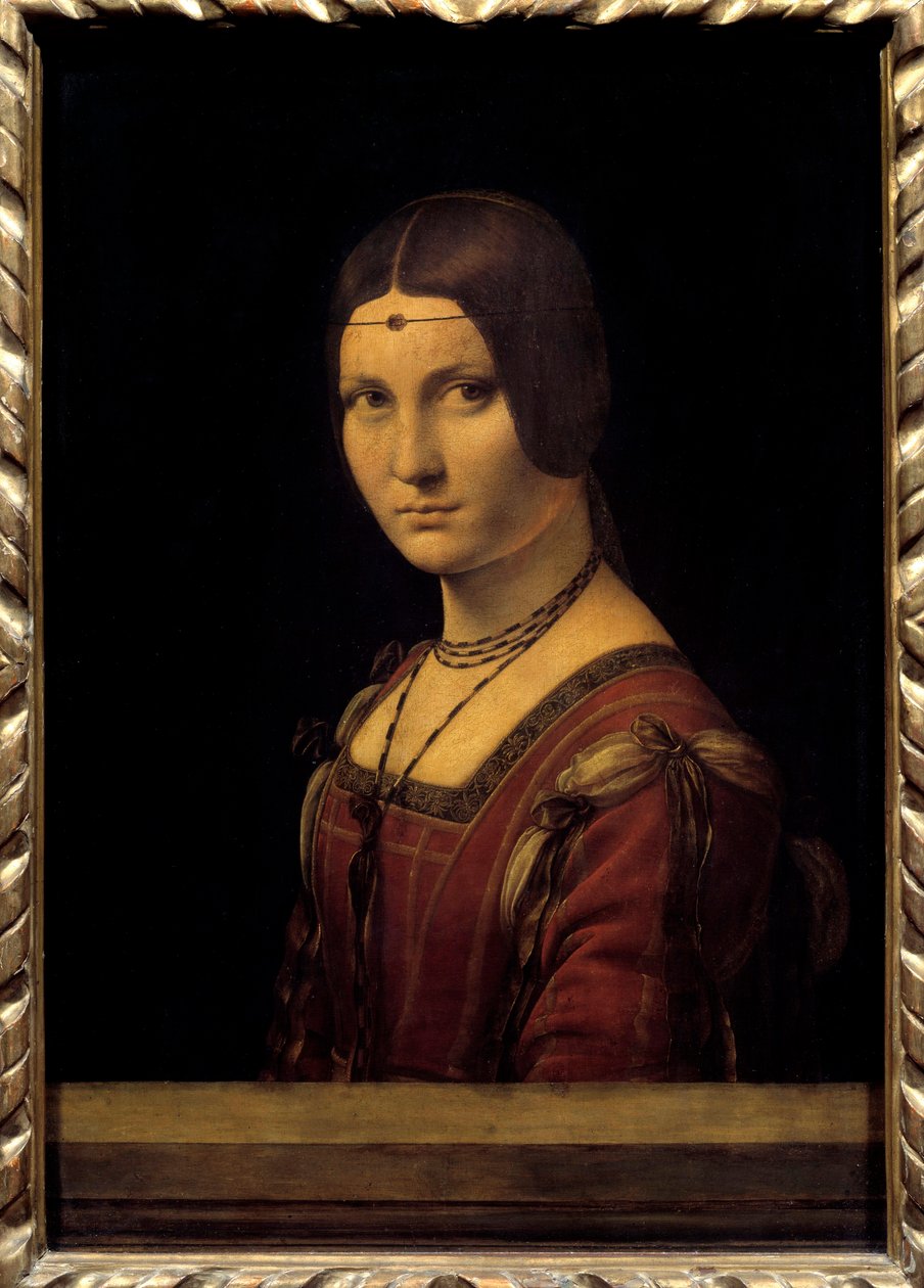 रितरत्तो दी दामा। मिलान के दरबार की एक महिला का पोर्ट्रेट, जिसे गलती से ""सुंदर लोहे का काम"" कहा गया था। लियोनार्डो दा विंची (लियोनार्डो दा विंची) द्वारा पेंटिंग (1452-1519) 15 वीं शताब्दी का सूर्य। 0,63x0,45 मीटर। - रितरत्तो दी दामा।  द्वारा लियोनार्डो दा विंची