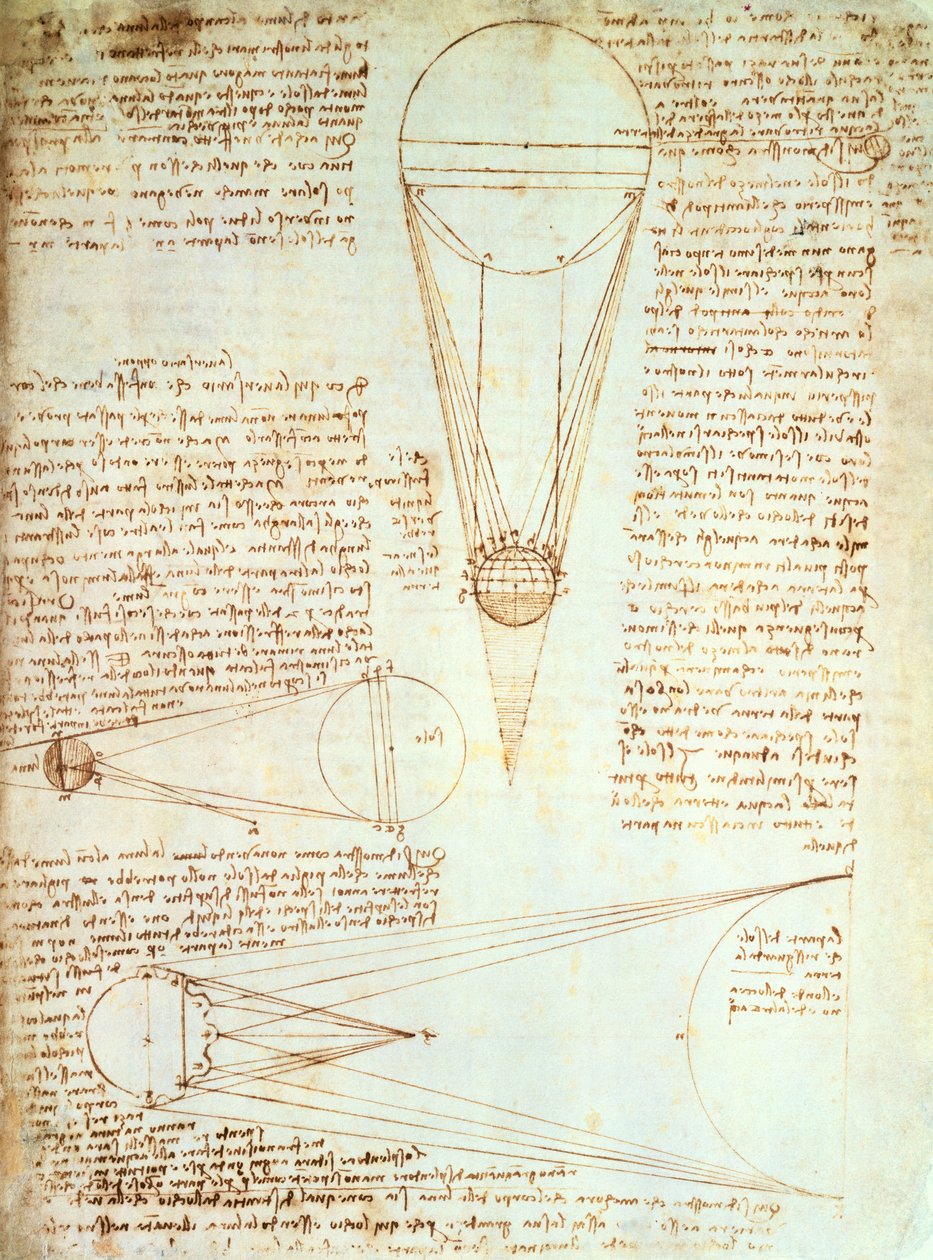 चंद्रमा की रोशनी का अध्ययन, फॉल। कोडेक्स लीसेस्टर से 1r, c.1506-08 द्वारा लियोनार्डो दा विंची