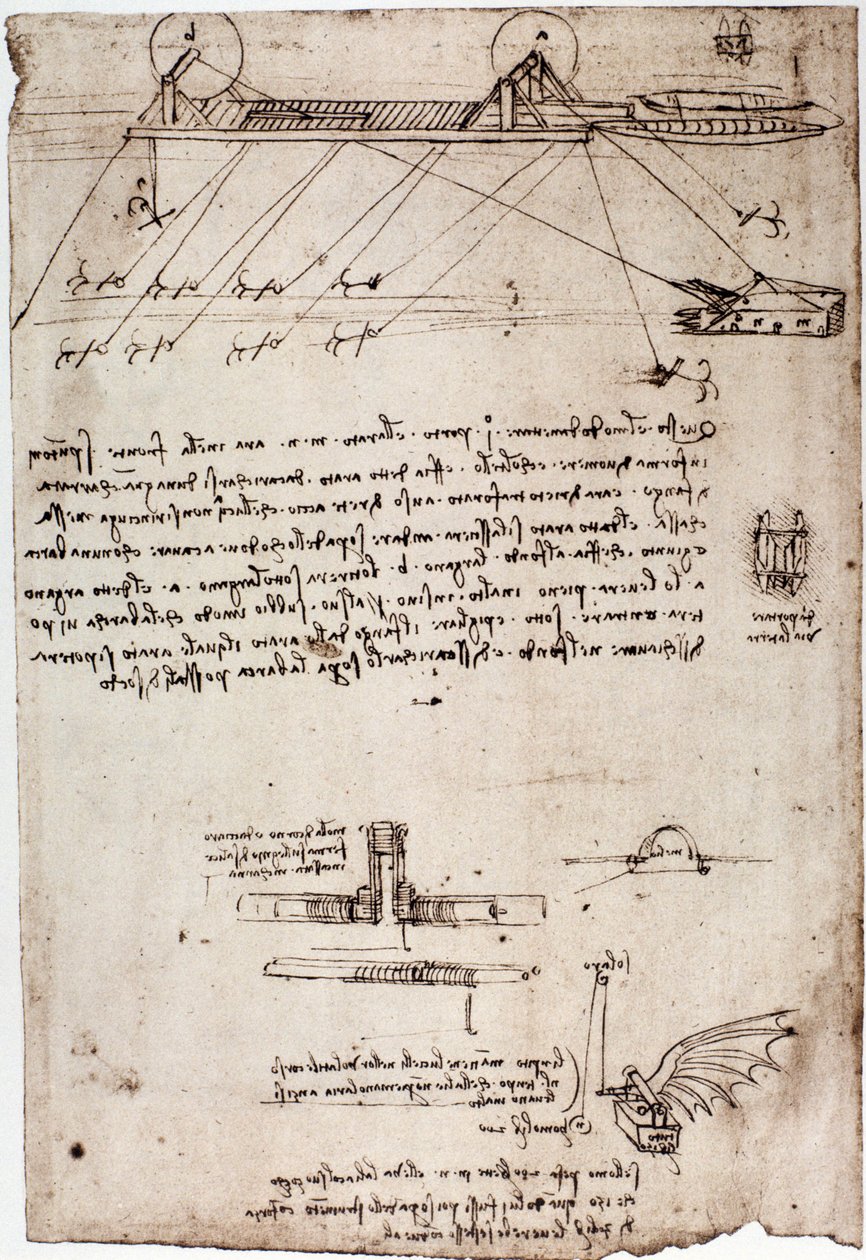 लियोनार्ड डी विंची (लियोनार्डो दा विंची) (1452 - 1519) द्वारा एक समुद्री ड्रेज के लिए अध्ययन। कलम और स्याही से चित्र बनाना। द्वारा लियोनार्डो दा विंची