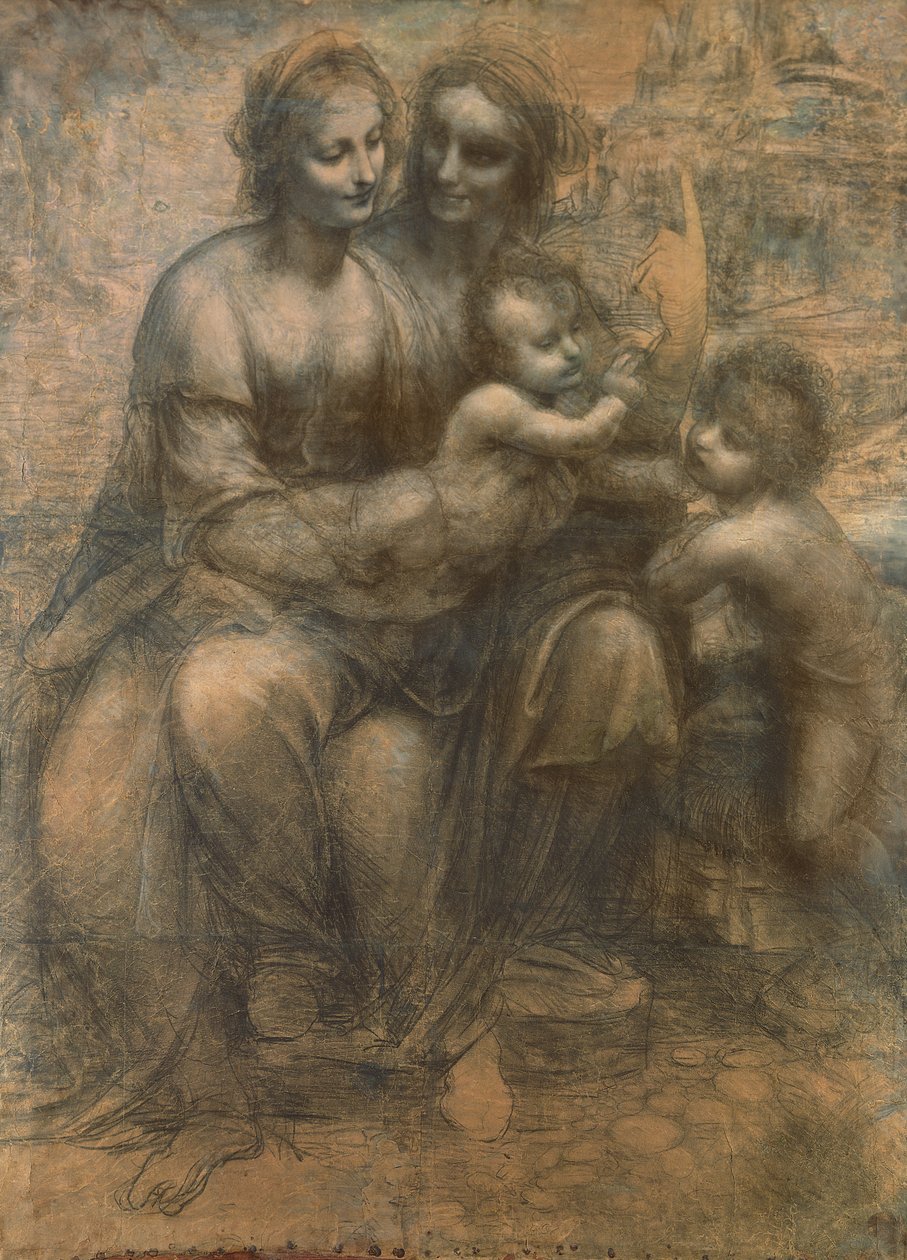 सेंट ऐनी के साथ वर्जिन और चाइल्ड, और शिशु सेंट जॉन द बैपटिस्ट, c.1499-1500 (कागज पर सफेद चाक के साथ ऊंचा लकड़ी का कोयला, कैनवास पर घुड़सवार) द्वारा लियोनार्डो दा विंची