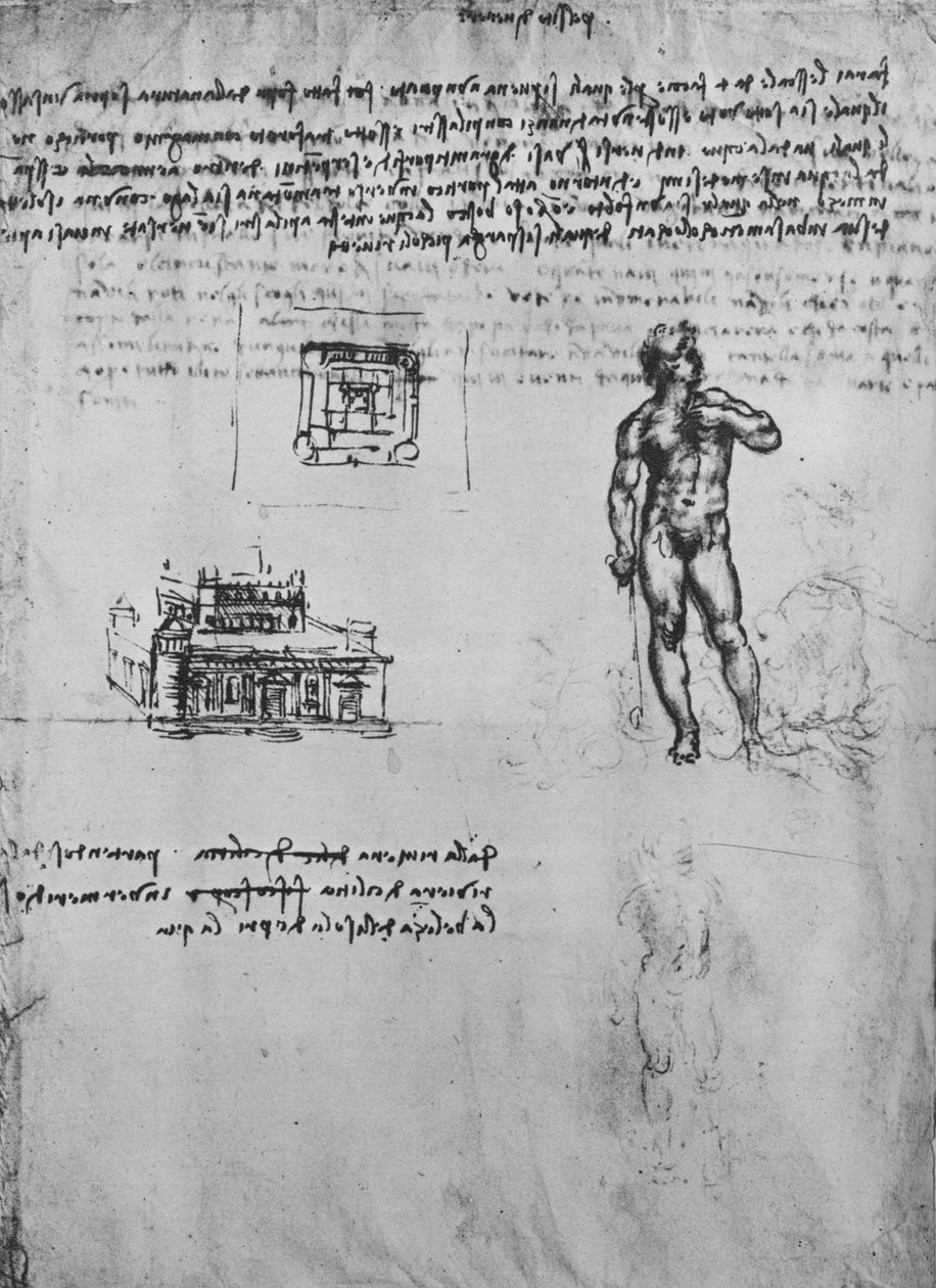 एक नग्न चित्र और एक इमारत के दृश्य और योजना के दो अध्ययन, c1480 1945 द्वारा लियोनार्डो दा विंची