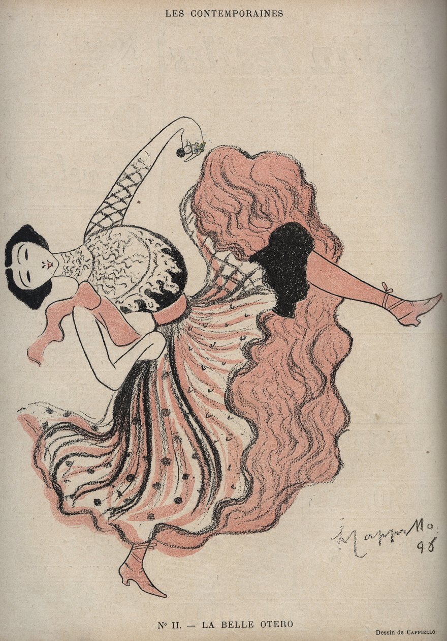 पोर्ट्रेट ऑफ़ कैरोलीन (ला बेले) ओटेरो (1868-1965), स्पेनिश नर्तक और वेश्या - 1898 के "" द रीयर "" में लियोनेटो कैपिएलो (1875-1942) द्वारा ड्राइंग द्वारा लिओनेटो कैप्पिलो