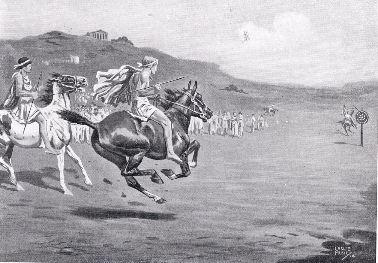 ग्रीक घुड़सवारों ने भाला फेंक, &39;हचिन्सन हिस्ट्री ऑफ द नेशंस&39;, 1915 से दृष्टांत द्वारा लेस्ली मोस्ले