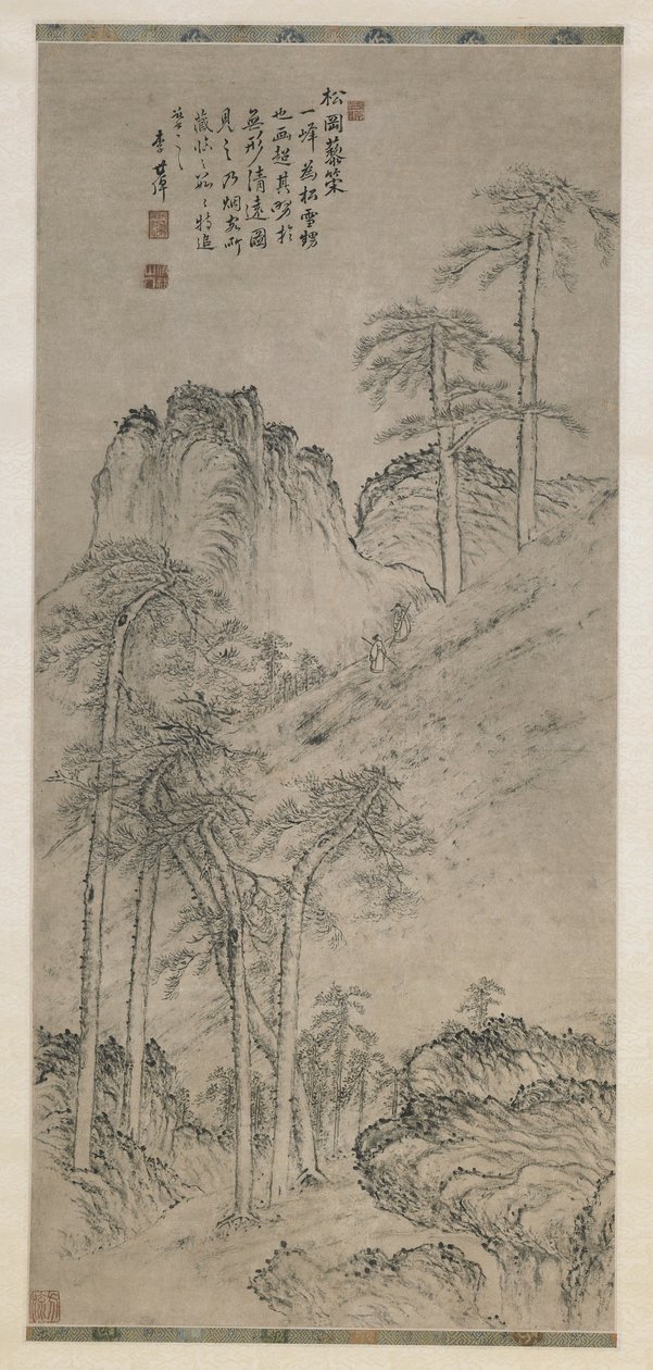 पाइन हिल पर कर्मचारियों के साथ चलना, किंग राजवंश, c.1760 (कागज पर स्याही) द्वारा ली शिज़ुओ