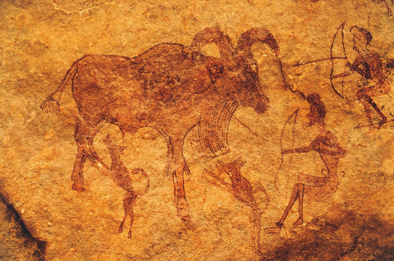 तीरंदाज, कुत्ते और खुर वाले जानवर, गुफा पेंटिंग, तसिली न'अज्जर (यूनेस्को विश्व विरासत सूची) द्वारा अज्ञात अज्ञात