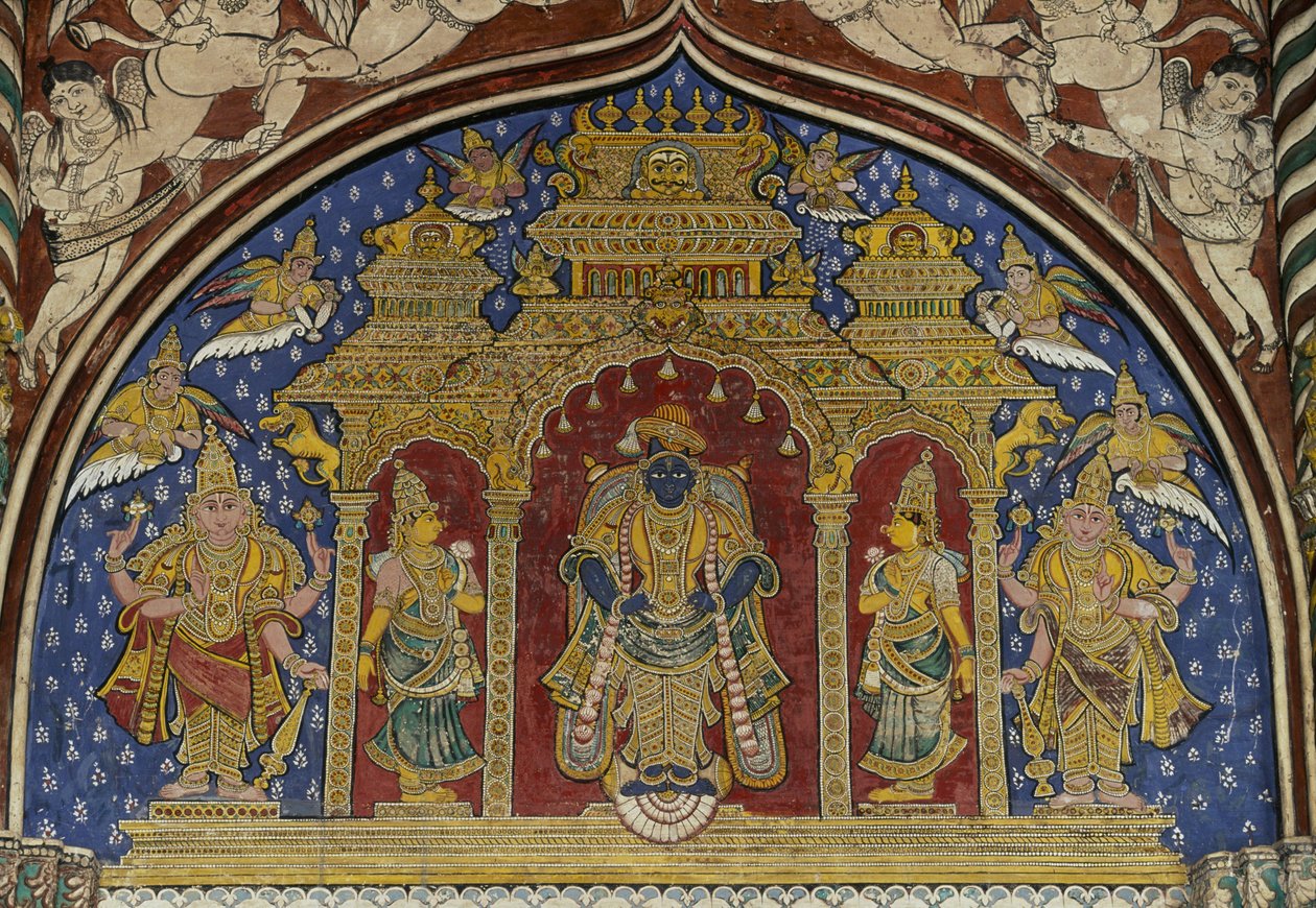 विष्णु, तंजावुर मराठा महल, तमिलनाडु, भारत का चित्रण करते हुए फ्रेस्को द्वारा अज्ञात अज्ञात