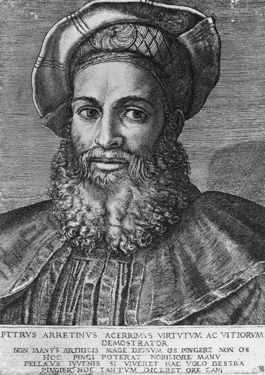 पिएत्रो अरेटिनो (1492-1556), इतालवी कवि, लेखक और नाटककार का पोर्ट्रेट, मार्केंटोनियो रायमोंडी द्वारा उत्कीर्ण (जन्म सीए 1470-1482, मृत्यु 1527-1534), 22 3x15 4 सेमी द्वारा अज्ञात अज्ञात